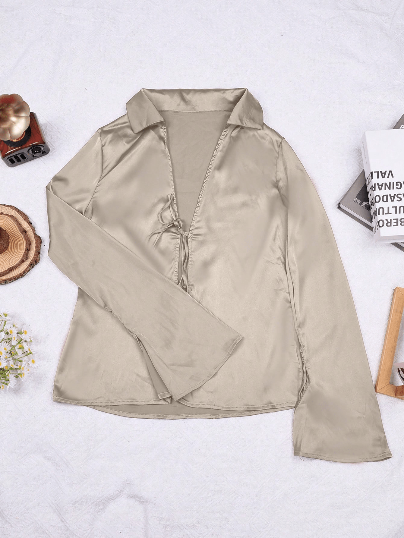 Women's Apricot Satin Tie-Front Long Sleeve Top with V-Neck