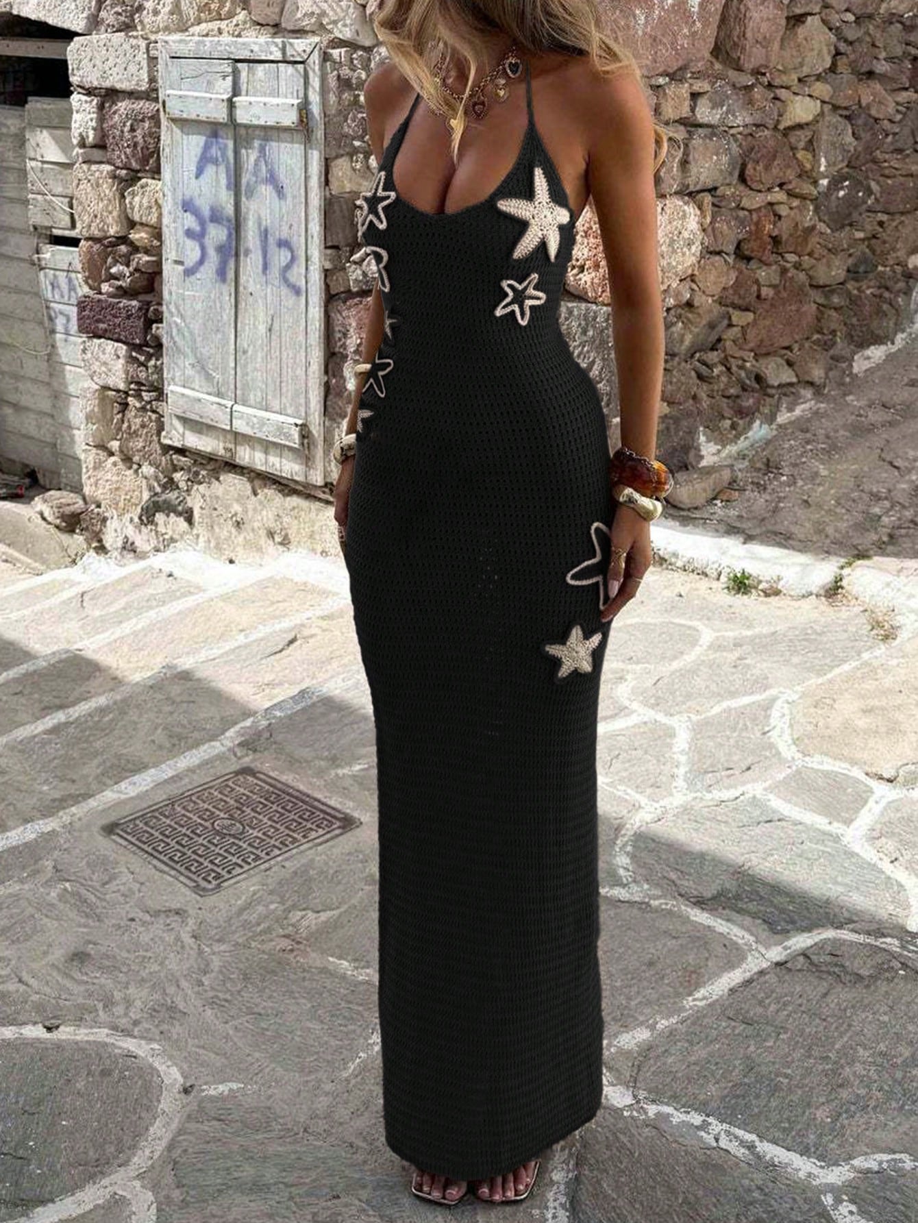 Women's Black Starfish Pattern Halter Neck Crochet Maxi Dress