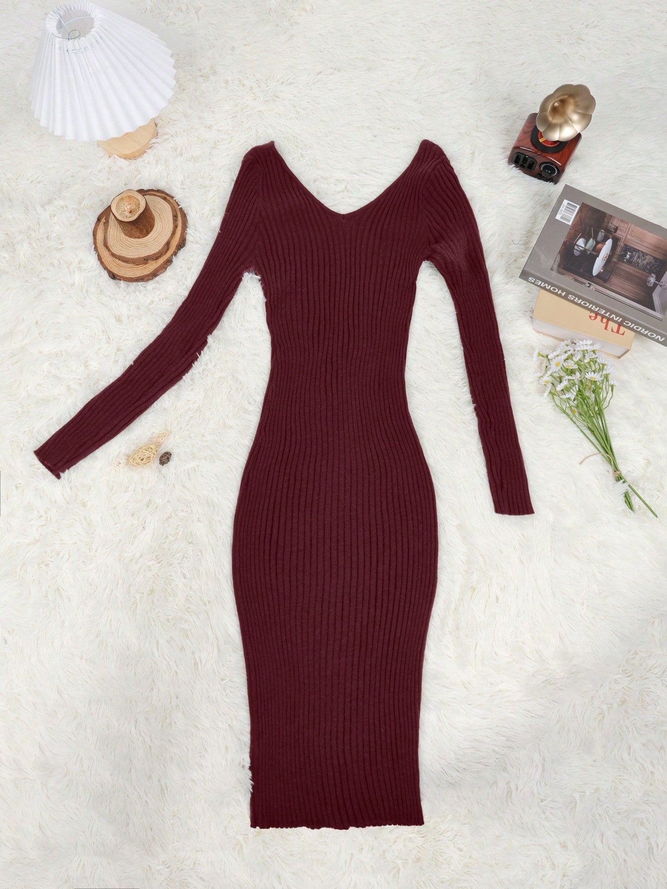 Women's Wine Red Ribbed Knit Midi bodycon dress with sleeveless