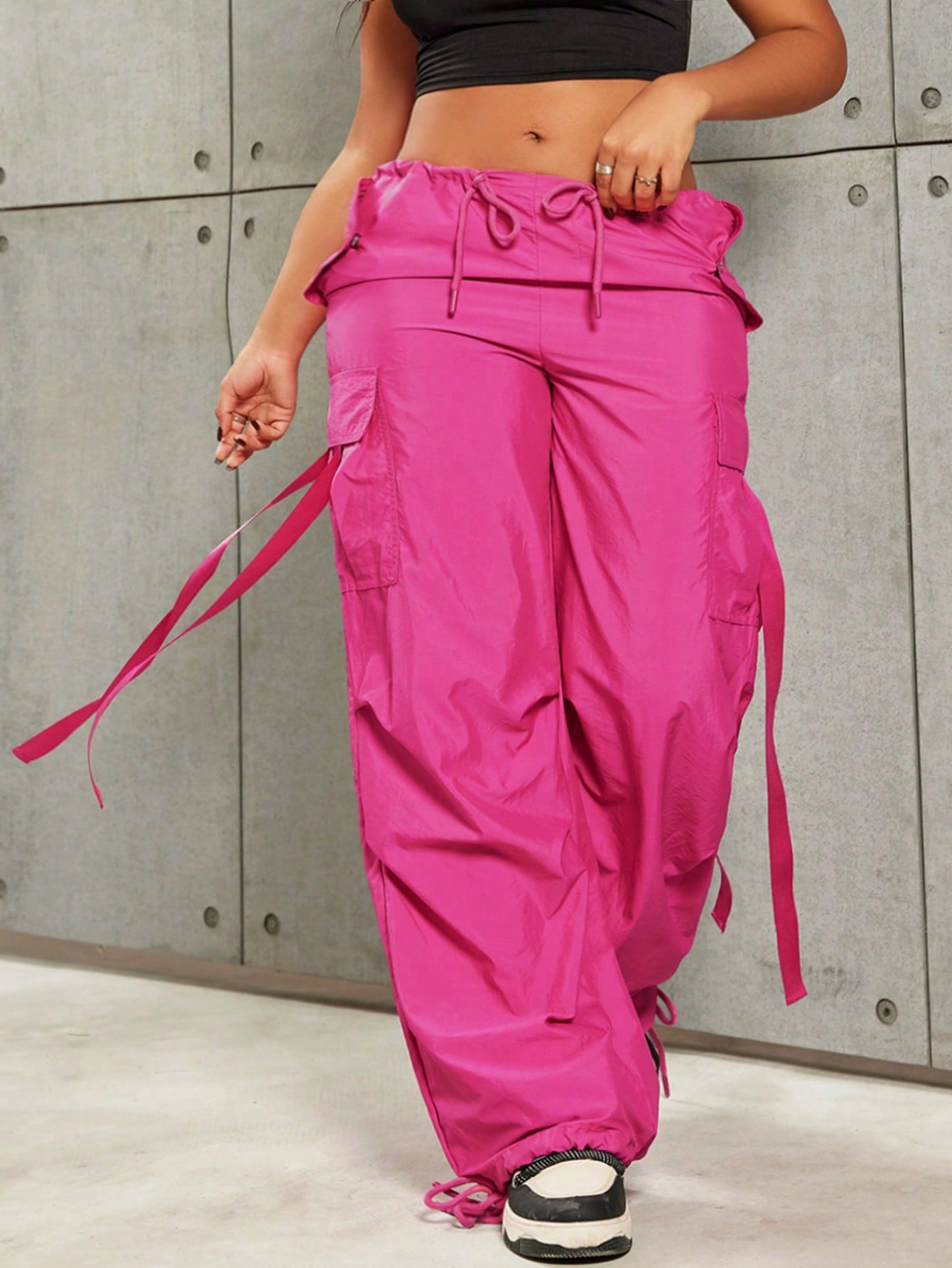 Women's Plus Size Women's Rose Red High Waist Wide Leg Cargo Pants with Pockets