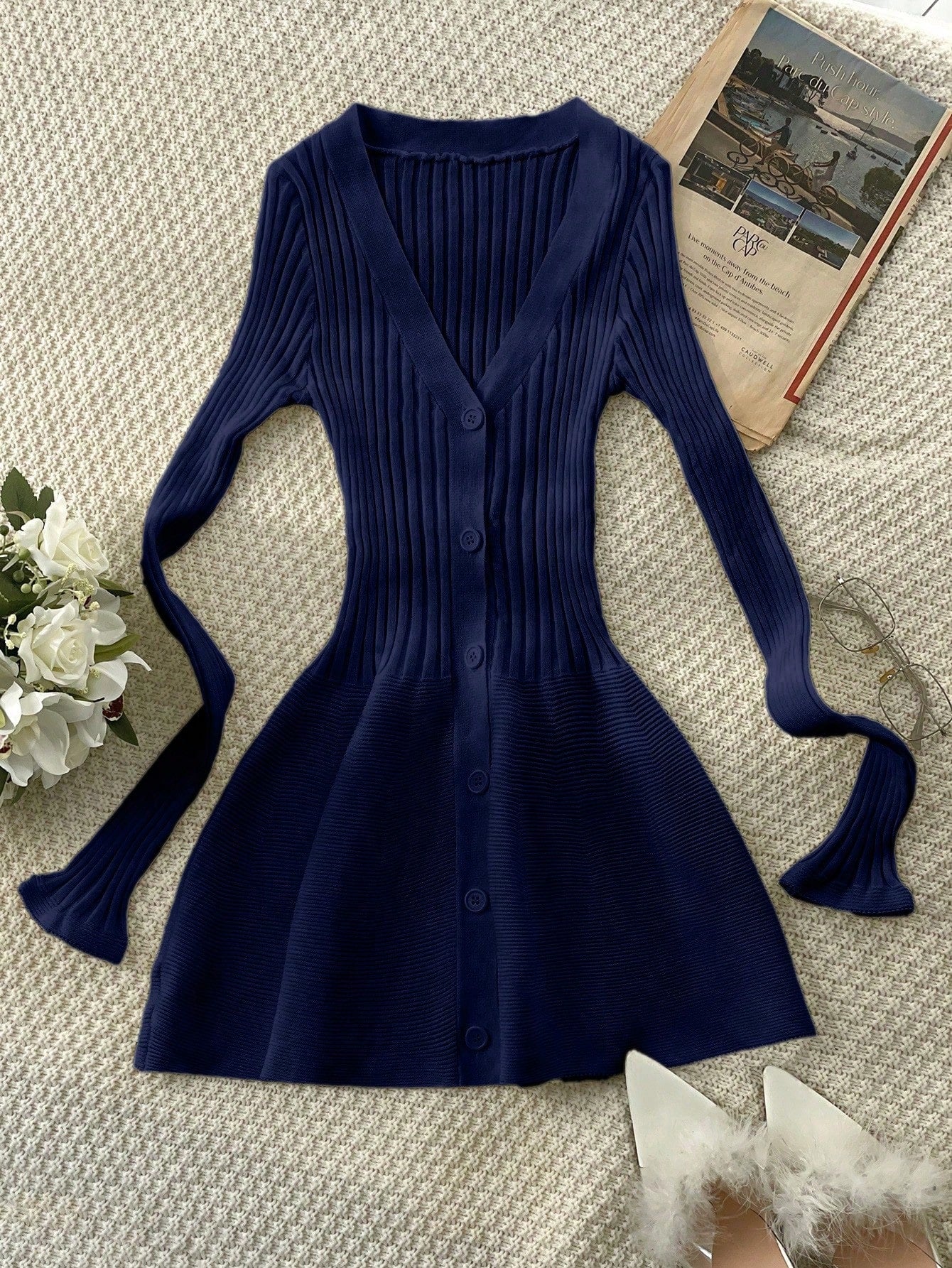 Women's Blue Ribbed Knit Midi bodycon dress with sleeveless