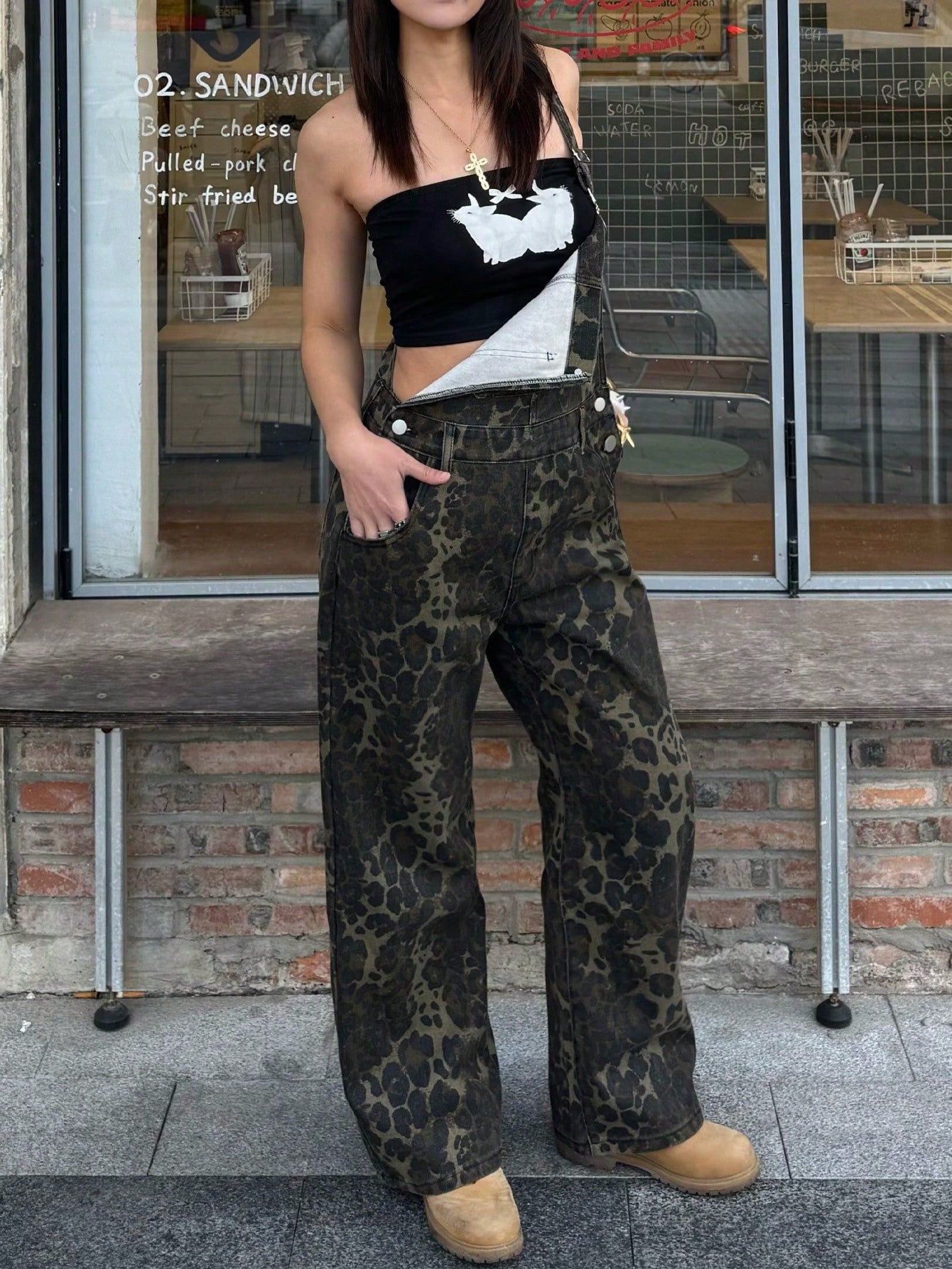 Women's Leopard Print Denim Overalls Loose Fit Wide Leg Jumpsuit Streetwear