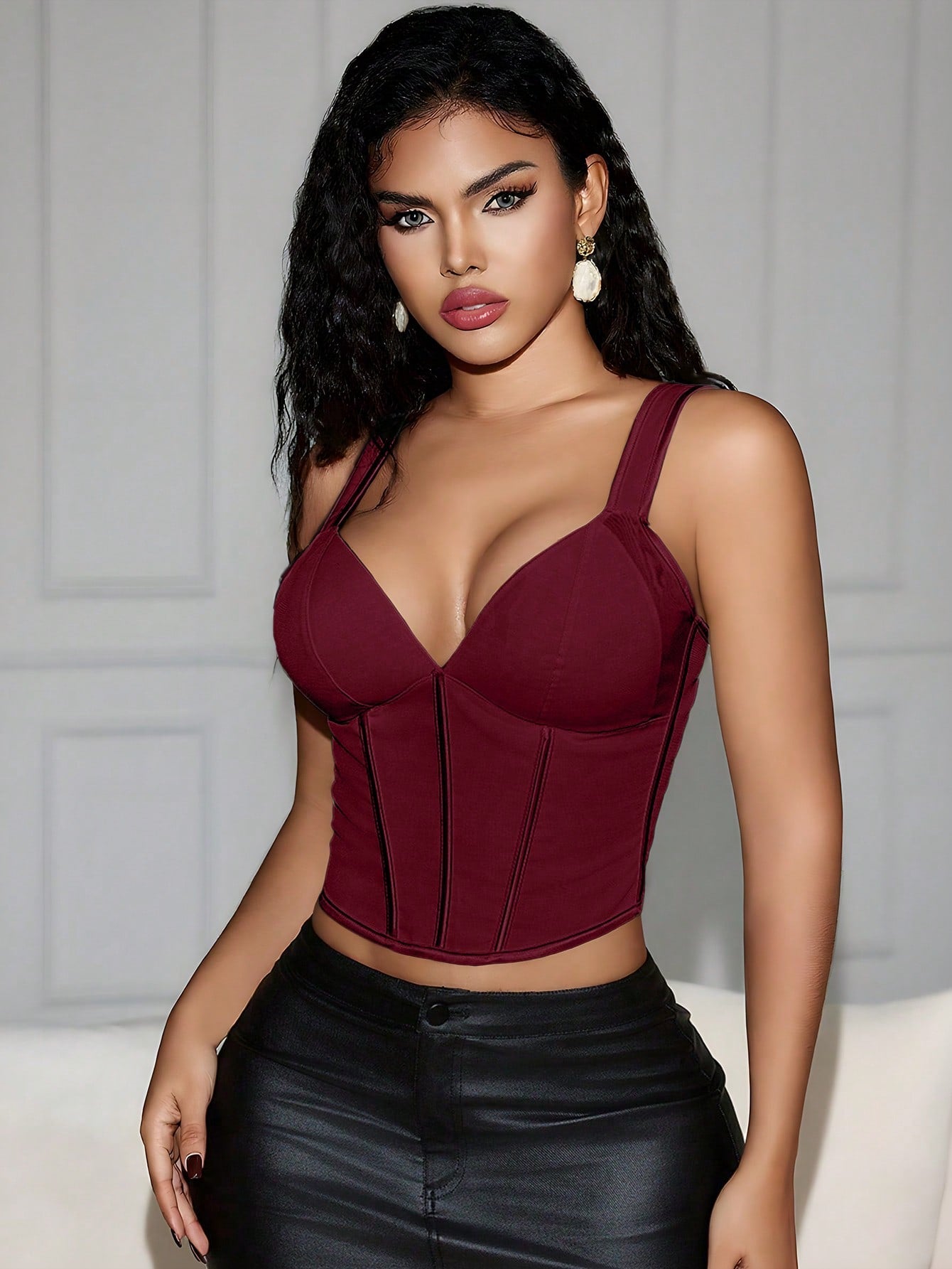 Women's Wine Red Boned Corset Bustier Crop Top with Underwire