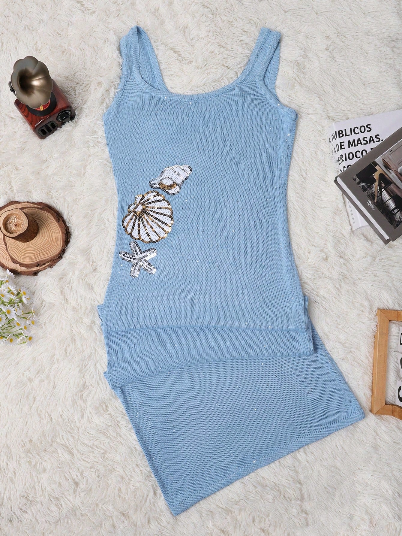 Women's Blue Ribbed Knit Midi bodycon dress with sleeveless