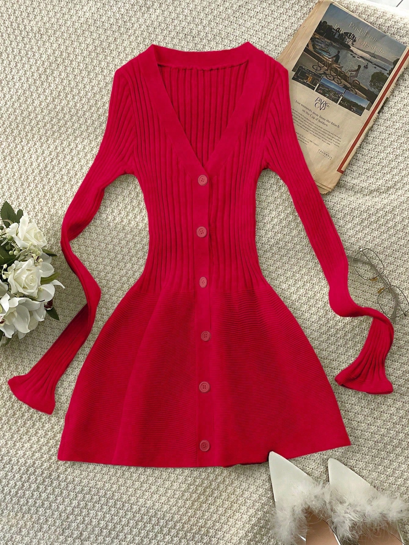 Women's Red Ribbed Knit Midi bodycon dress with sleeveless
