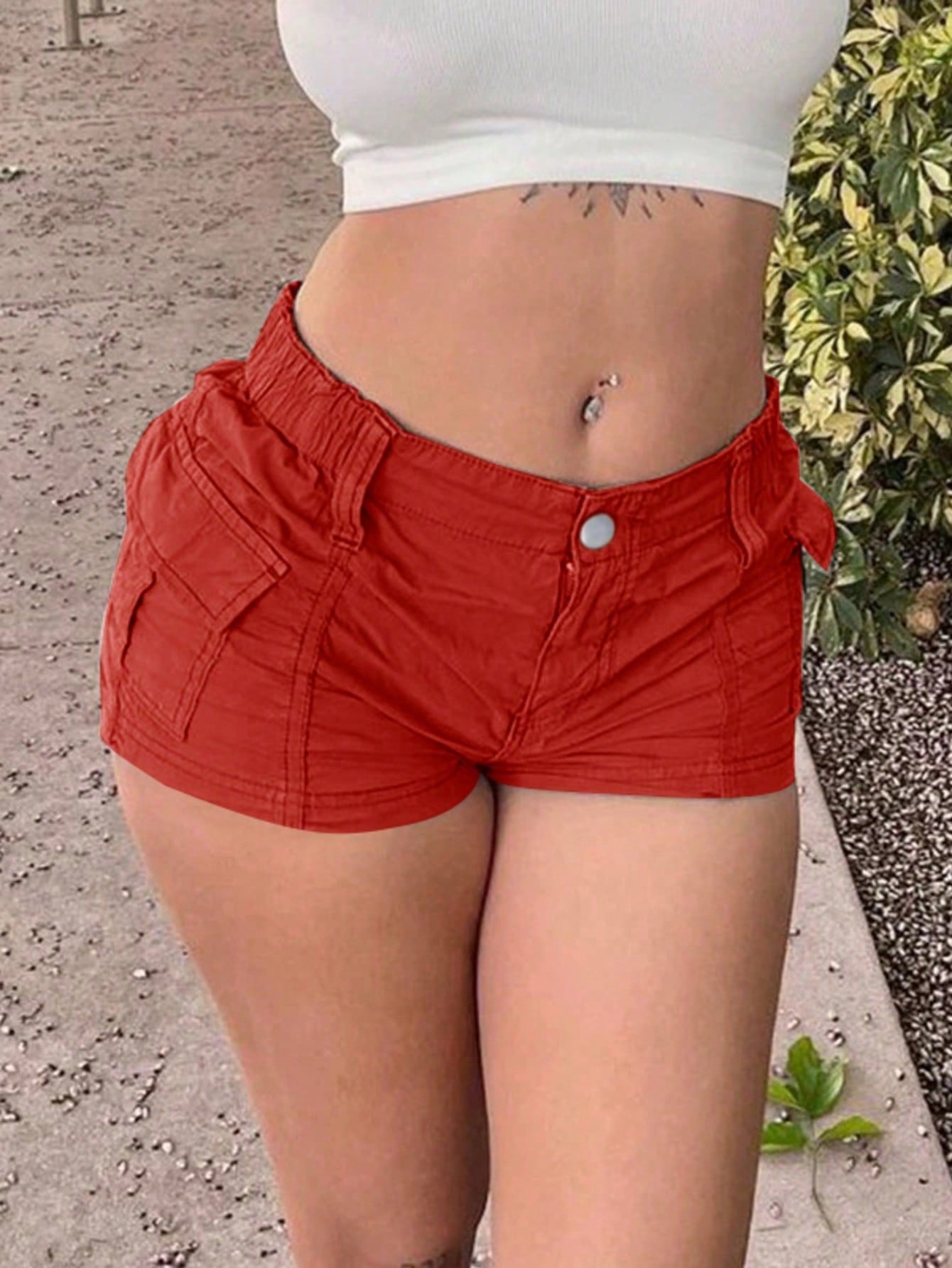 Women's Women Red Casual Cargo Shorts with Pockets Elastic Waist Mini Shorts
