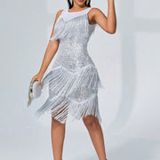 Women's Silver Sequin Fringe Spaghetti Strap Mini Dress - Glitter Party Dress, Club & Evening Prom Wear
