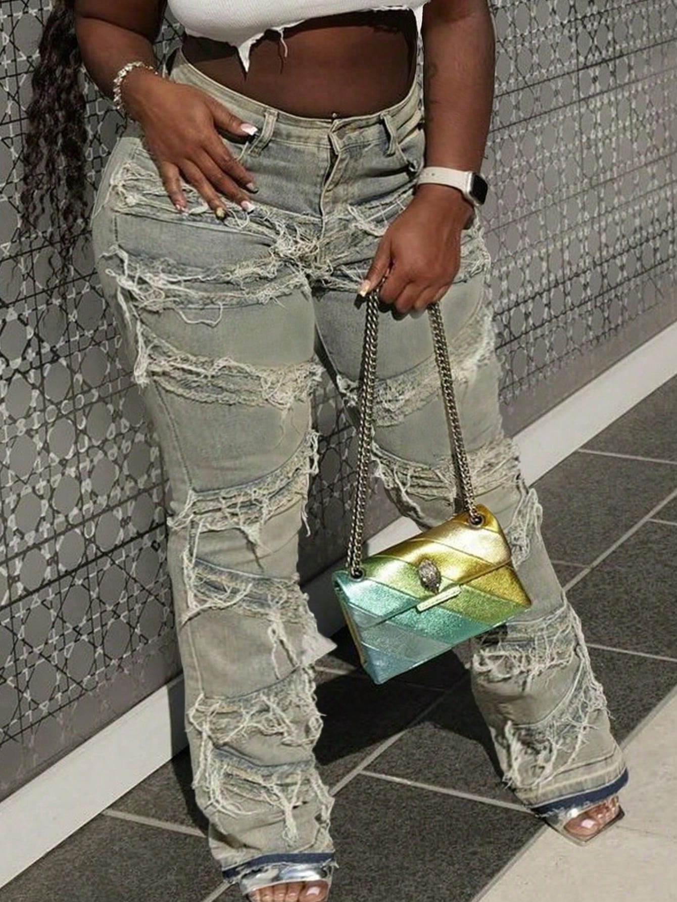 Plus Size Women's Distressed Baggy Denim Jeans | Vintage Wash Oversized Streetwear Jeans with Cargo Details