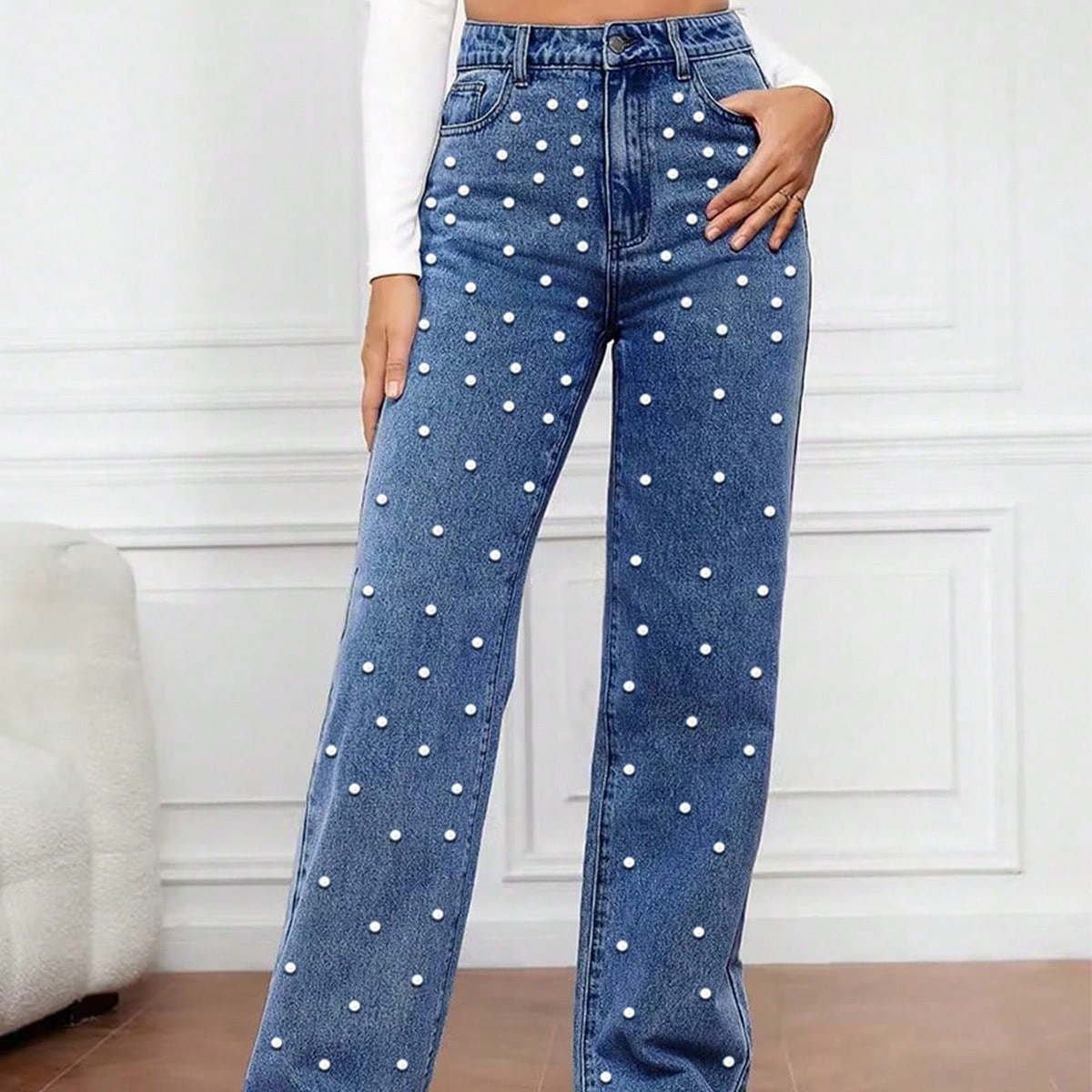 Women's Blue Viscose Blend High-Waisted Pearl Embellished Wide-Leg Denim Jeans