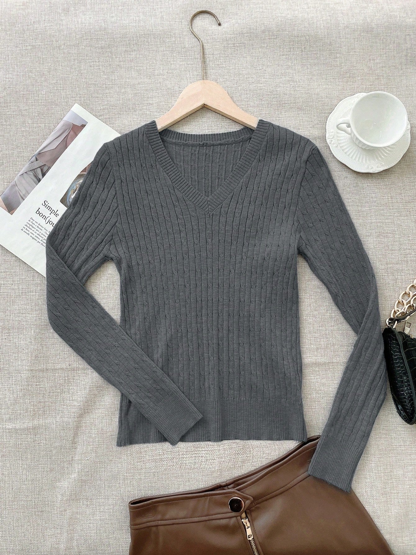 Women's Dark Gray Ribbed Knit Midi Bodycon Dress