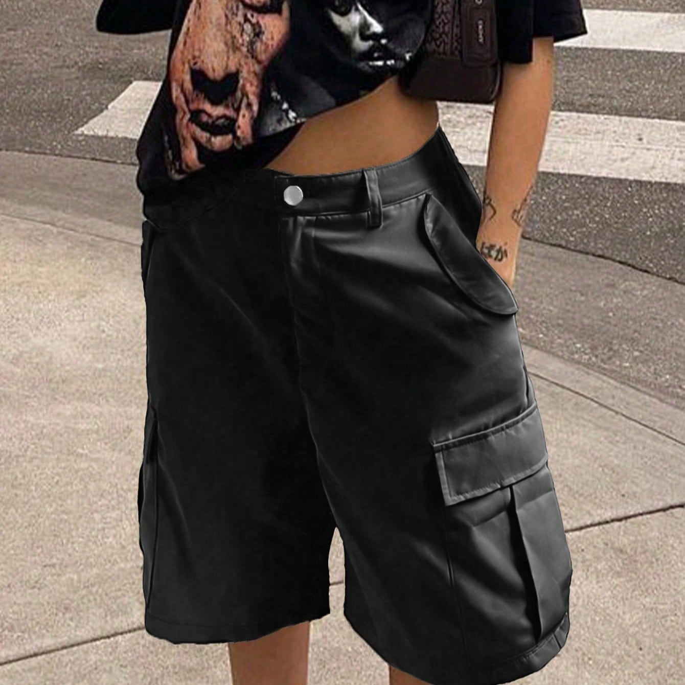 Women's Black Faux Leather Knee-Length Cargo Bermuda Shorts with Flap Pockets
