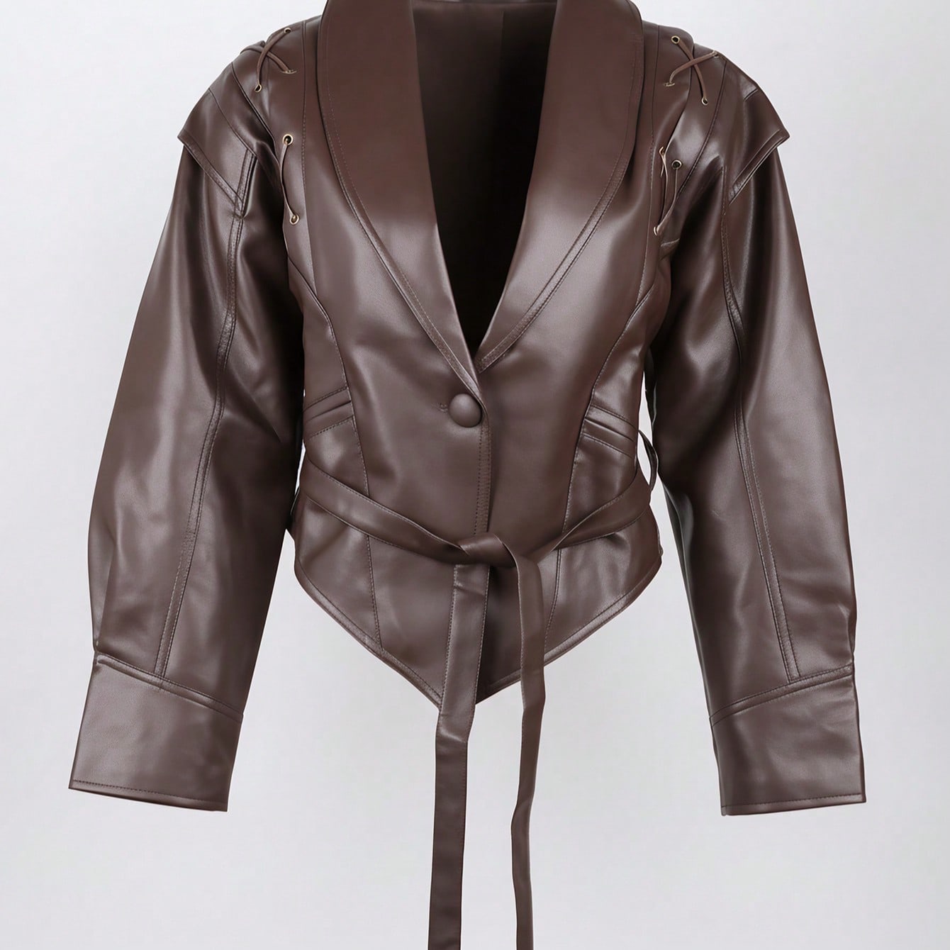 Women's Sleek Brown PU Leather Moto Jacket with Lace-Up Shoulder Detail