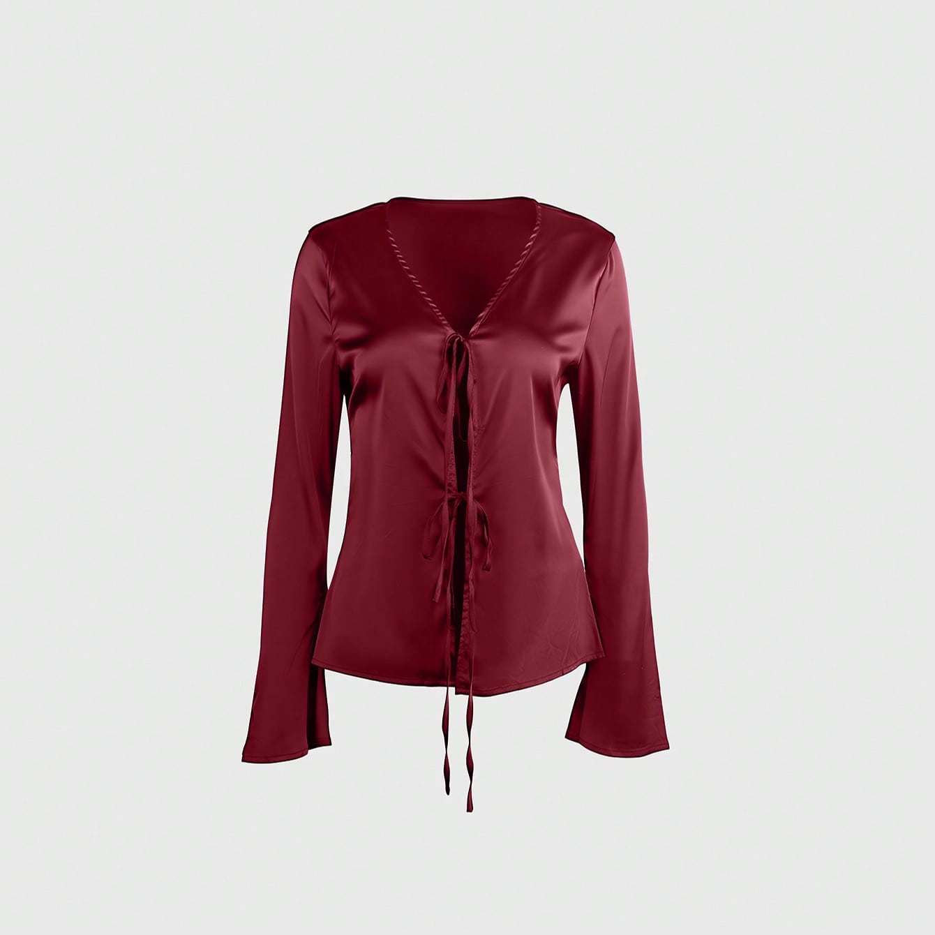 Women's Women Wine Red Satin Long Sleeve Tie Front V Neck Blouse