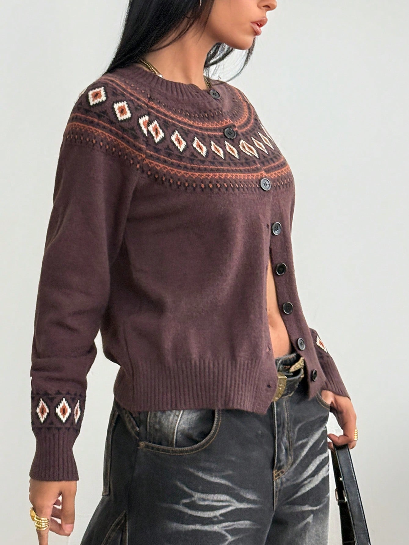 Women's Dark Brown Fair Isle Button-Up Cardigan Sweater