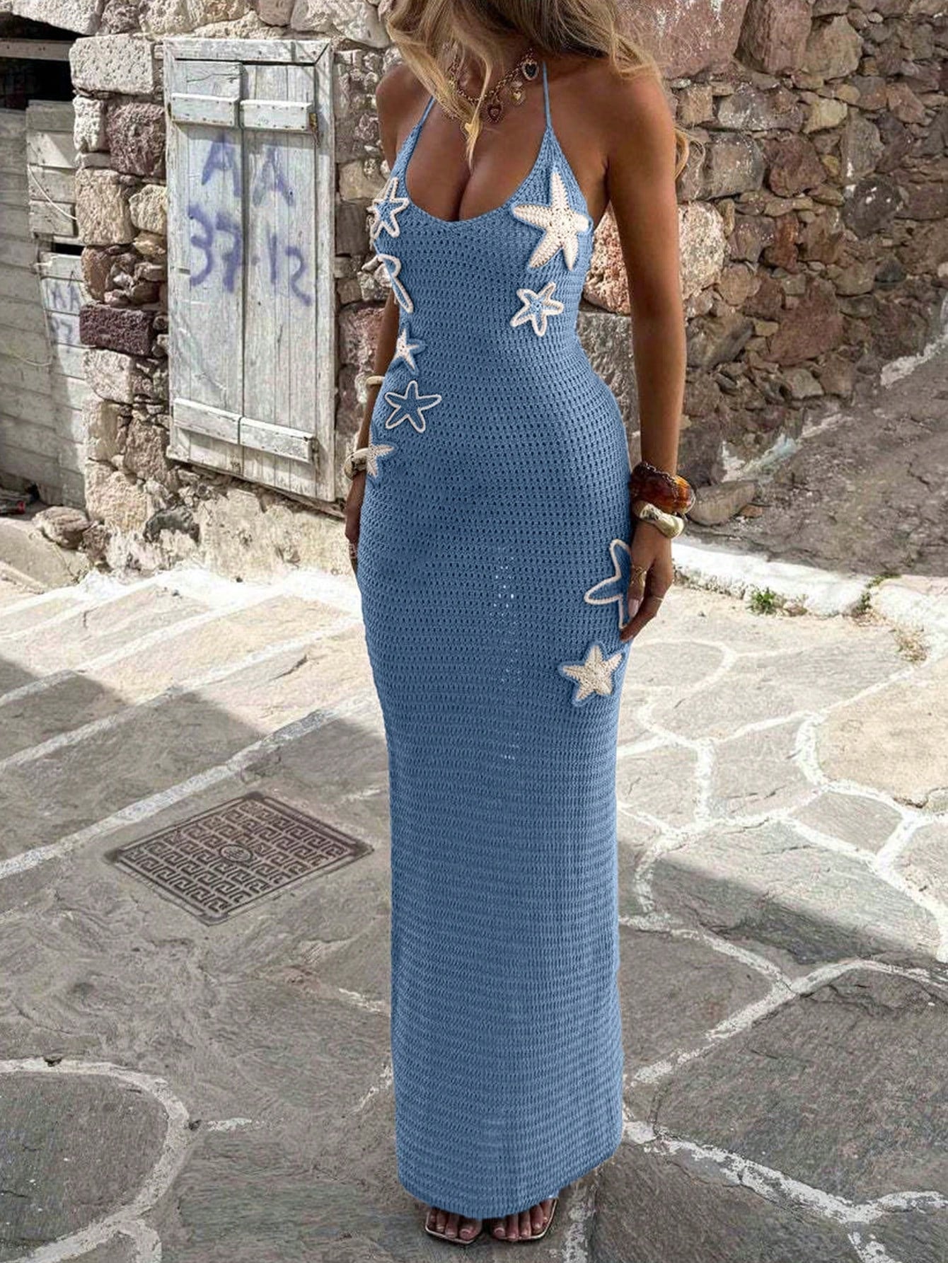 Ocean Blue Crochet Starfish Appliqu¨¦ Halter Open Back Maxi Dress