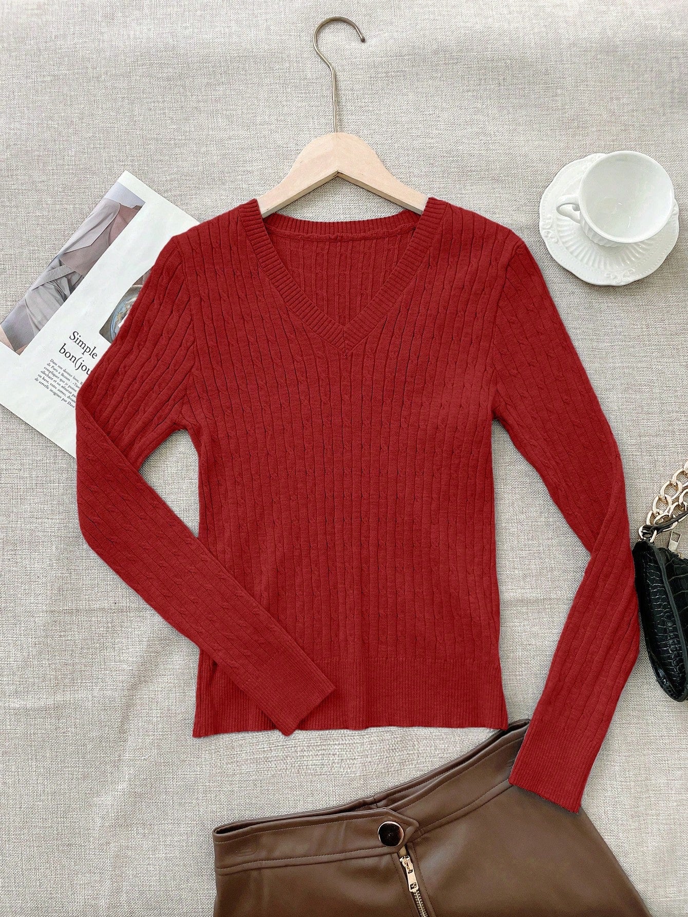 Women's Wine Red Ribbed Knit Midi Bodycon Dress