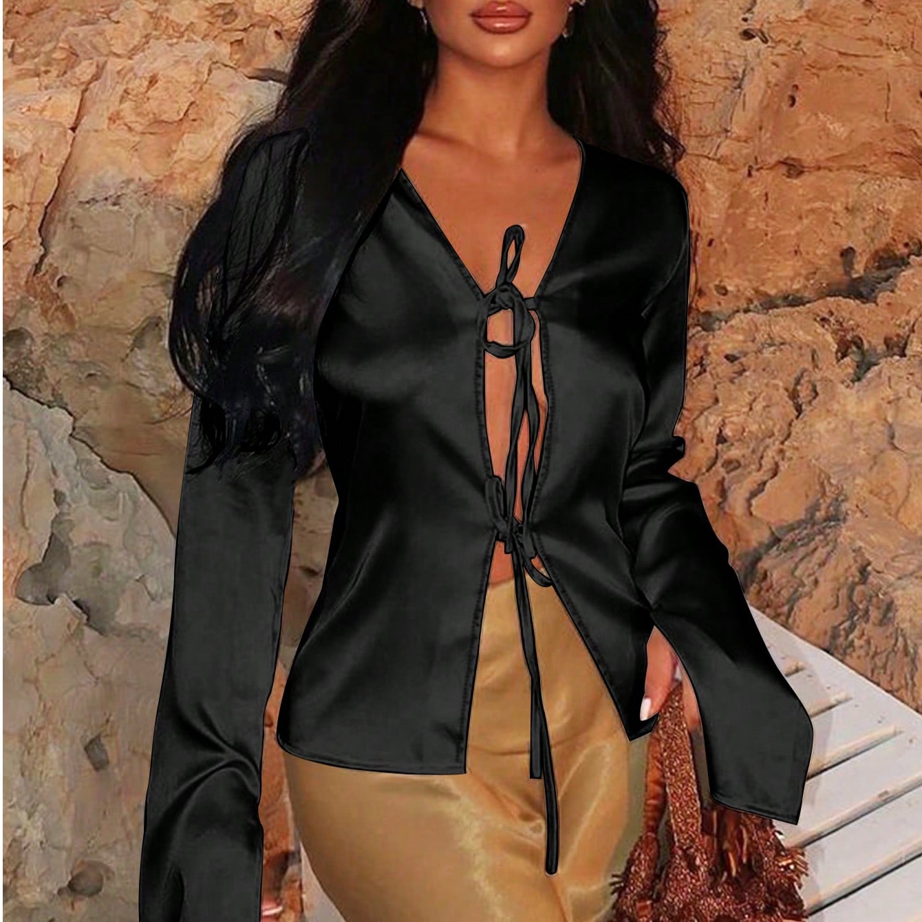 Women's Black Satin Tie-Front V-Neck Top with Long Sleeves
