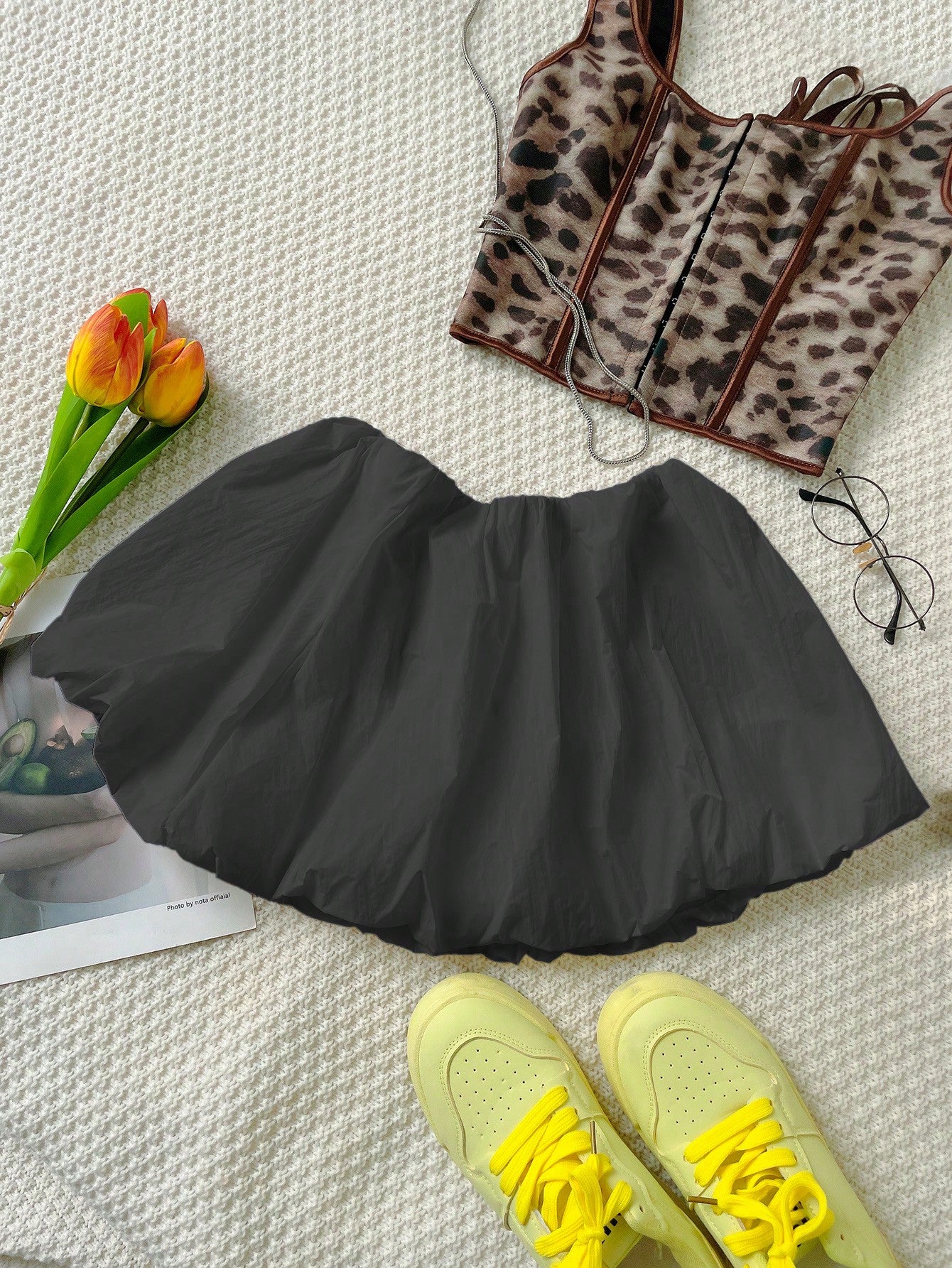 Women's Black Bubble Hem Mini Skirt Chic Puffy Skirt