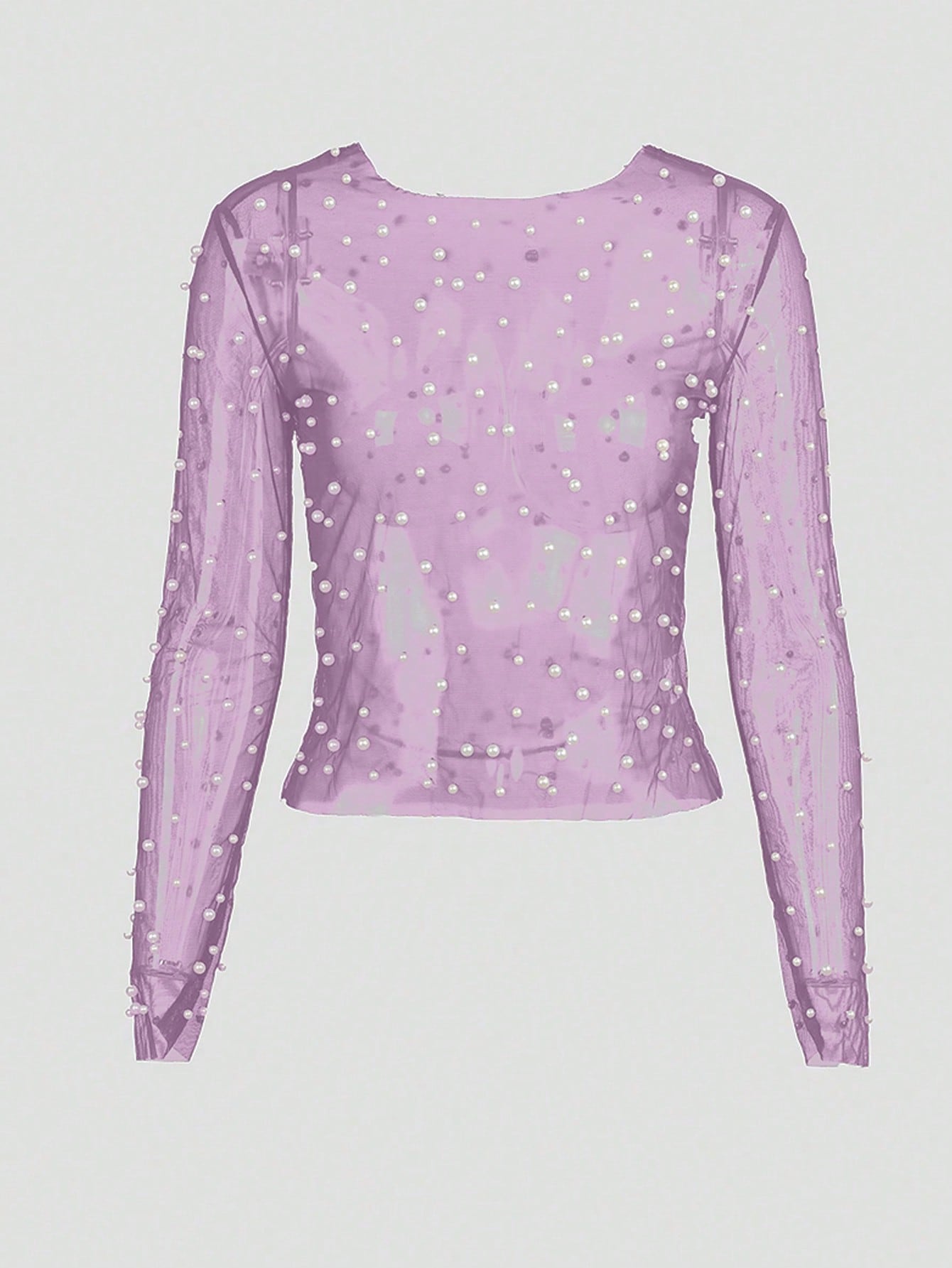 Women's Women Sexy Light Purple Mesh Pearl Long Sleeve Top See Through Party Blouse