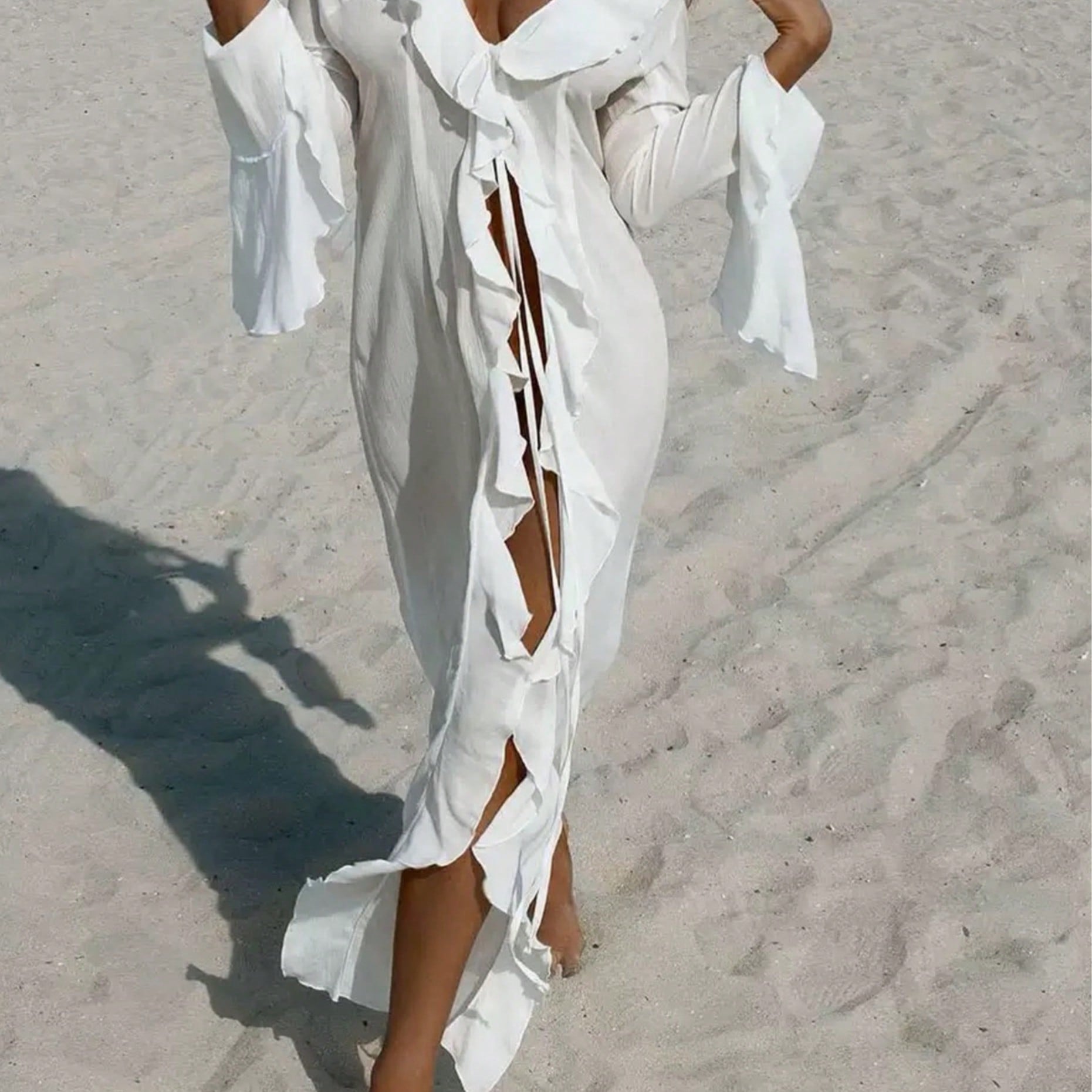 Women's White Off-Shoulder Long Sleeve Maxi Dress - Casual Beach Cover-Up Dress