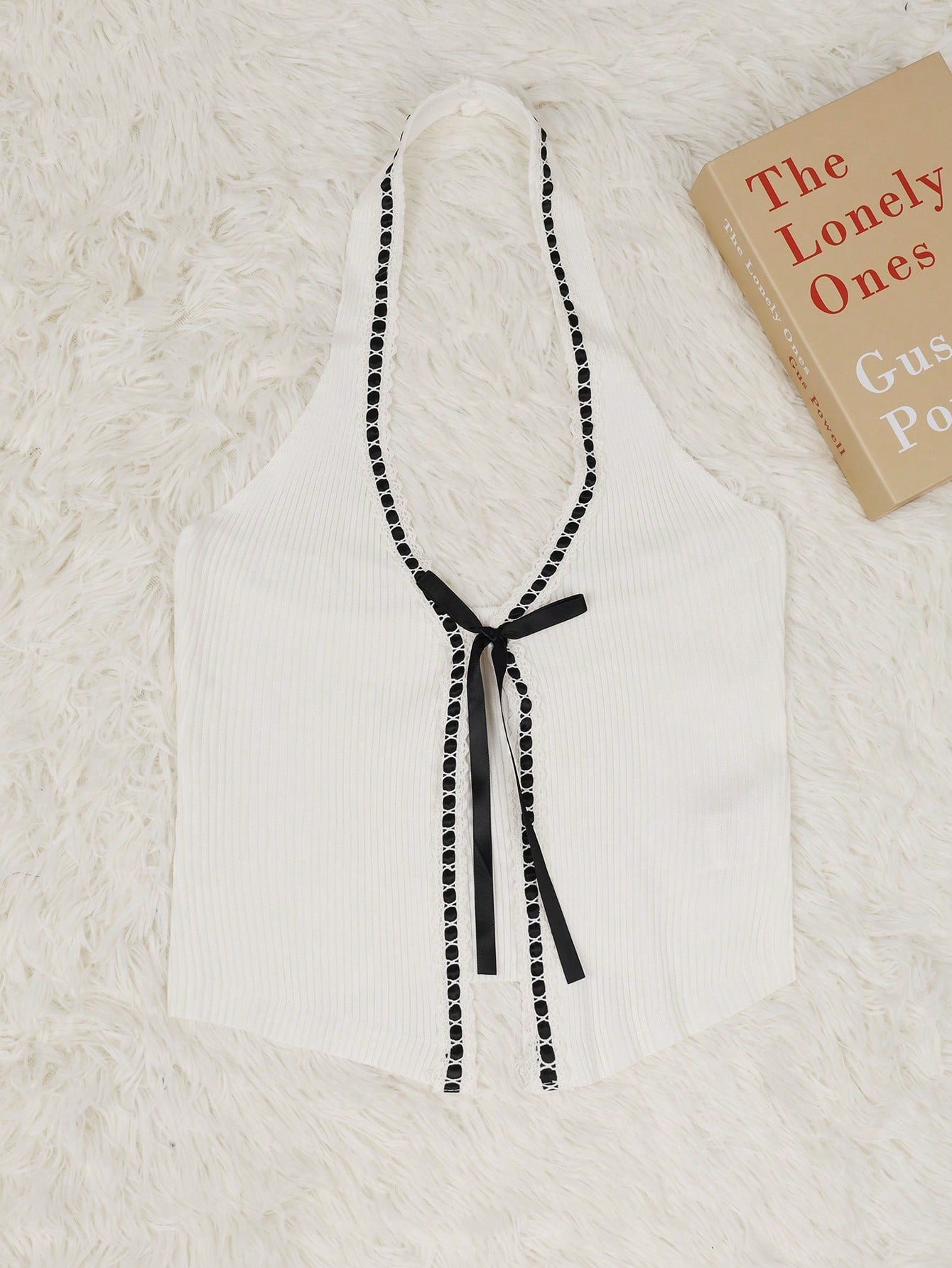 Women's White Viscose Deep V-Neck Ribbed Knit Vest with Contrast Trim and Bow