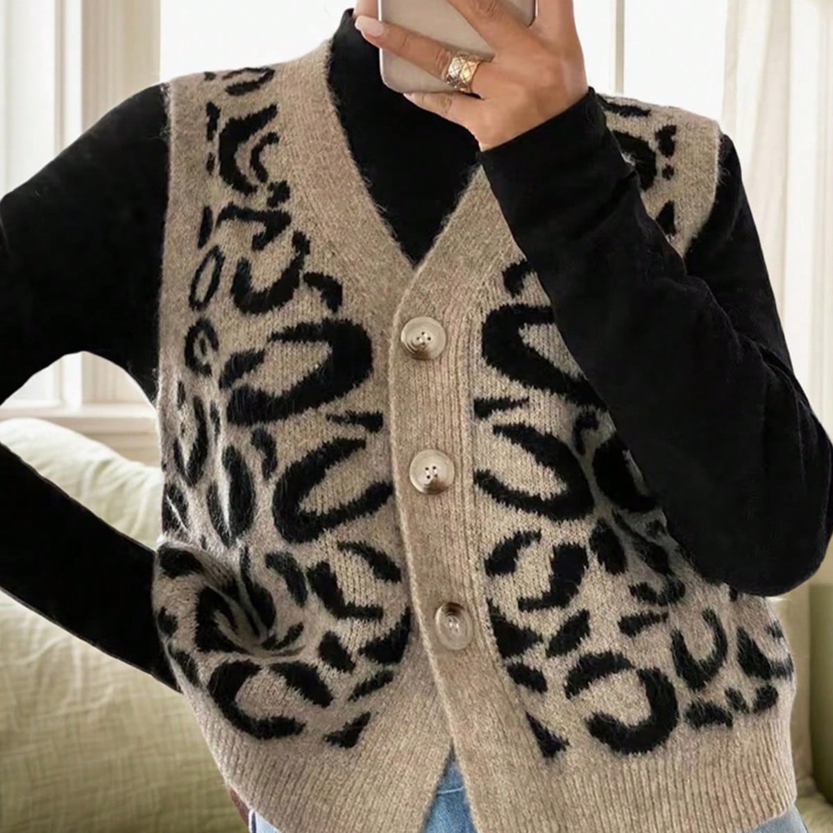 Women's Leopard Print Knit Cardigan Vest with Gold Buttons