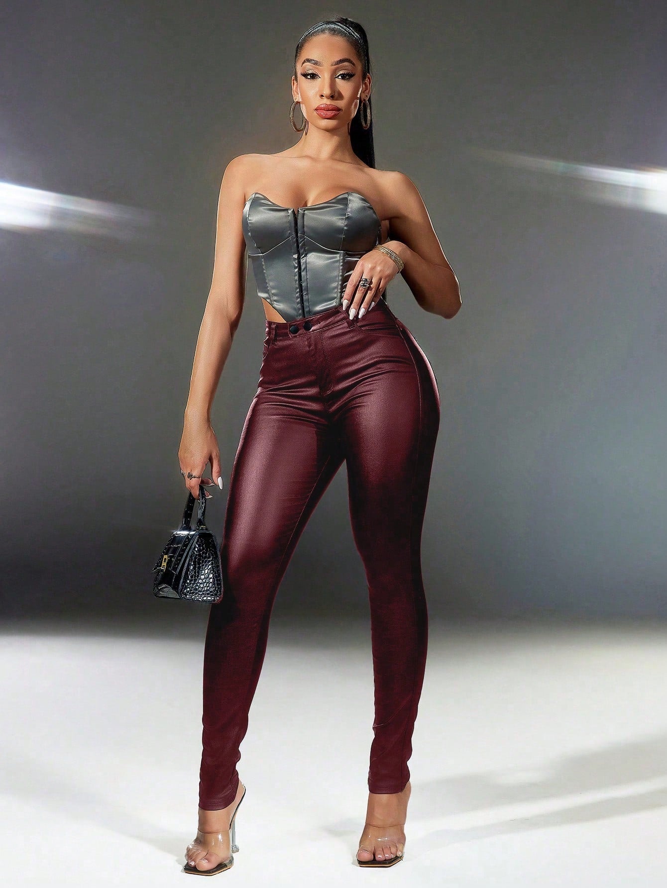 Women's Dark Red Cotton Blend High Waisted Cargo Pants with Buckle Detail
