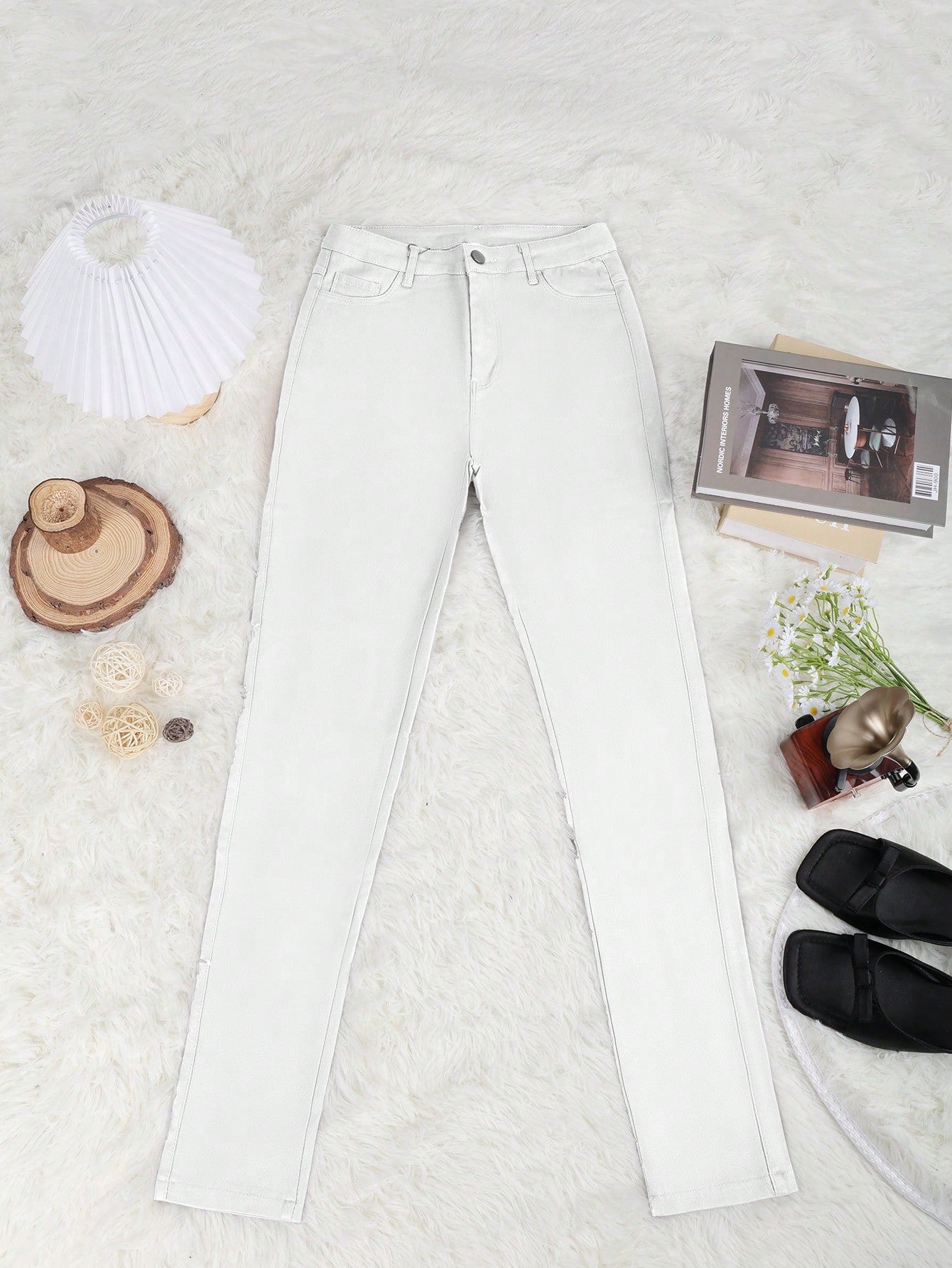 Women's White Cotton Blend Wide Leg Cargo Pants with Flap Pockets