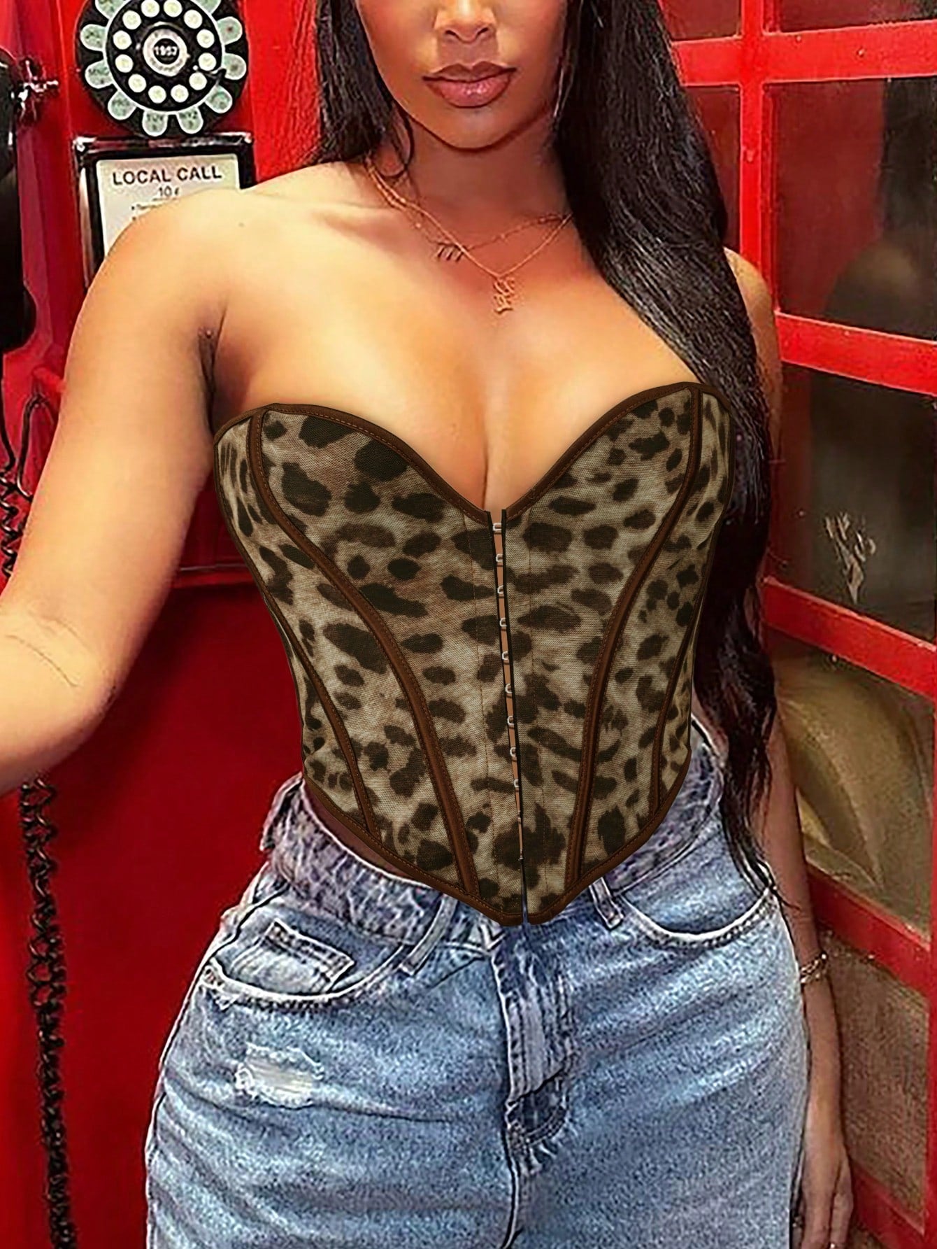 Women's Leopard Print Boned Corset Top with Hook and Eye Closure