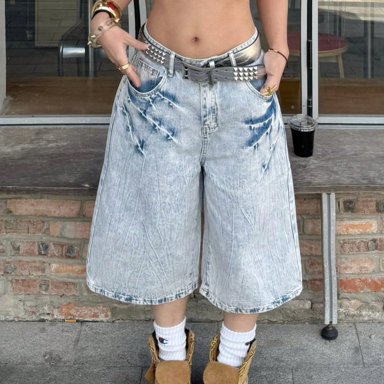 Women's Acid Wash High-Waist Wide-Leg Denim Maxi Skirt