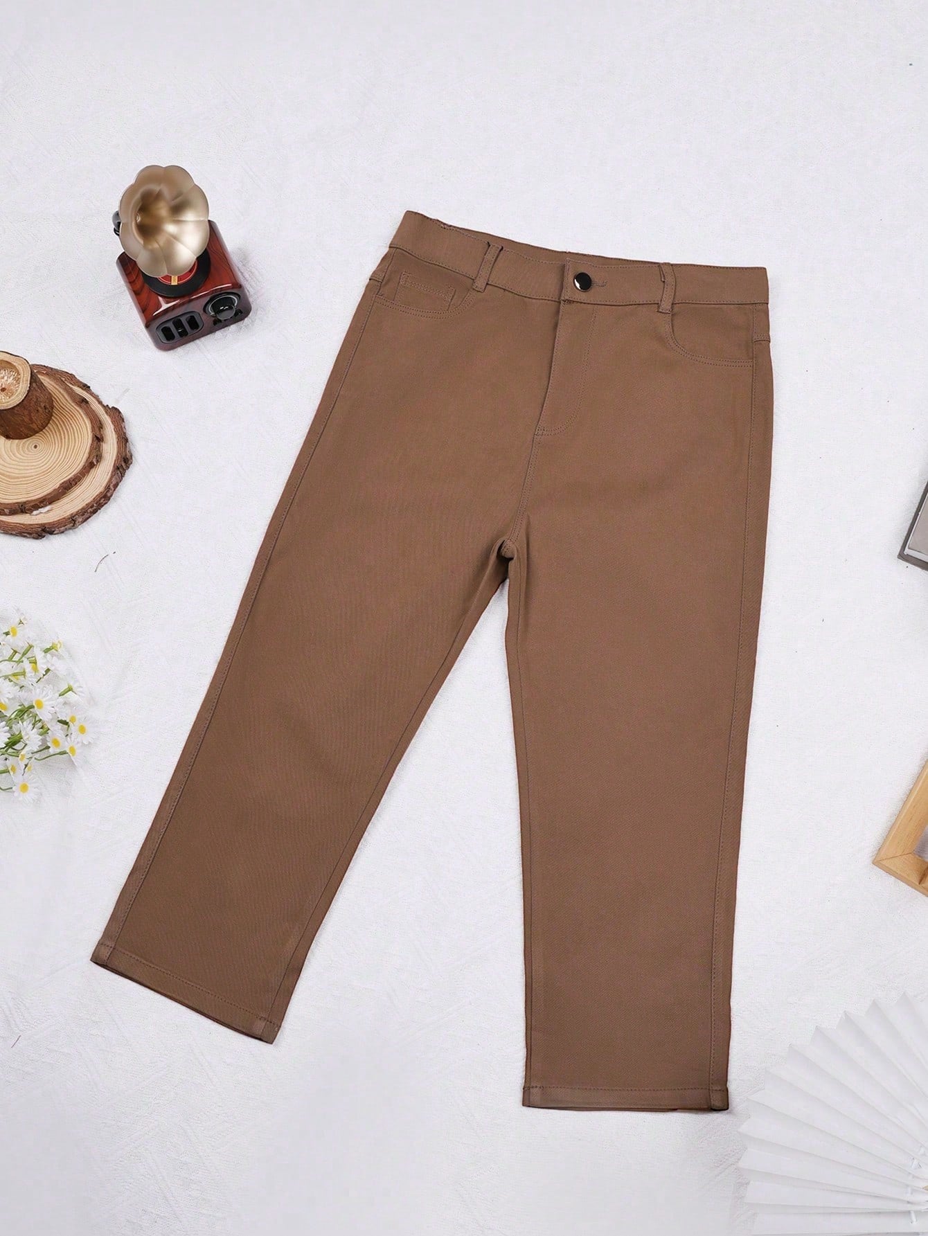 Women's Khaki Polyester Full-length pants with wide-leg