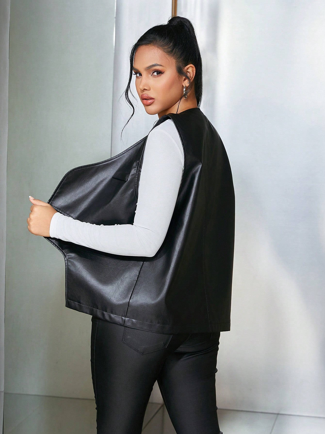 Women's Black PU Leather Sleeveless Vest Open-Front Jacket