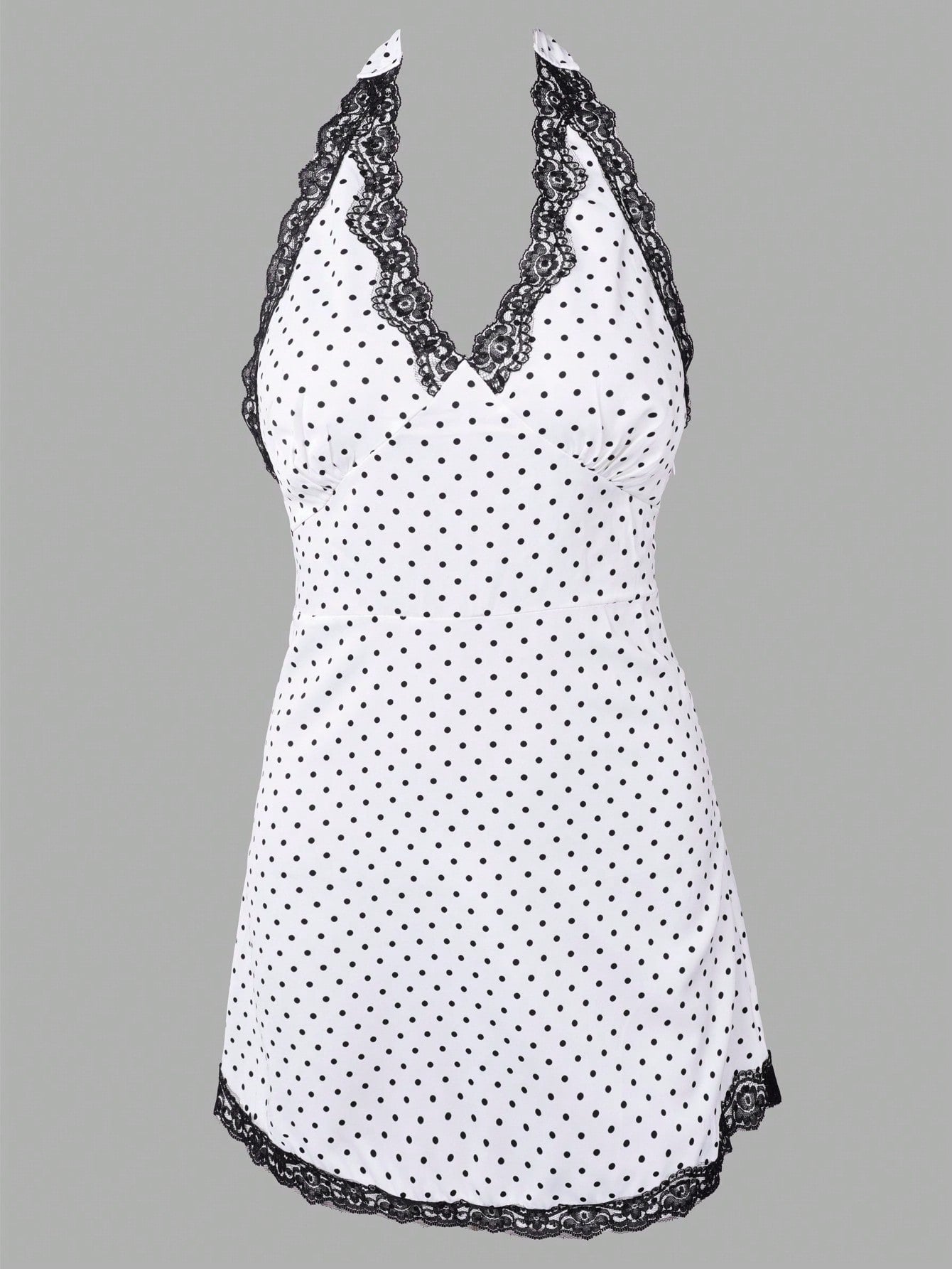 Women's White Polka Dot Halter Neck Mini Dress with Black Lace Trim