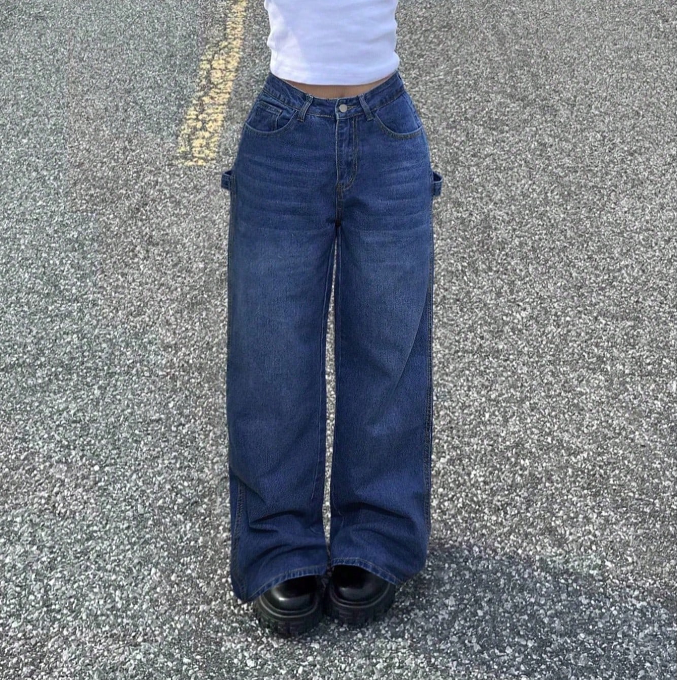 Women's Dark Blue Wide Leg Cargo Denim Jeans