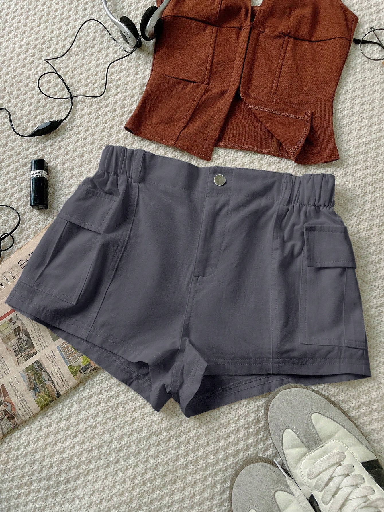 Women's Women Dark Grey Cargo Shorts Casual Elastic Waist Stretchy Mini Shorts