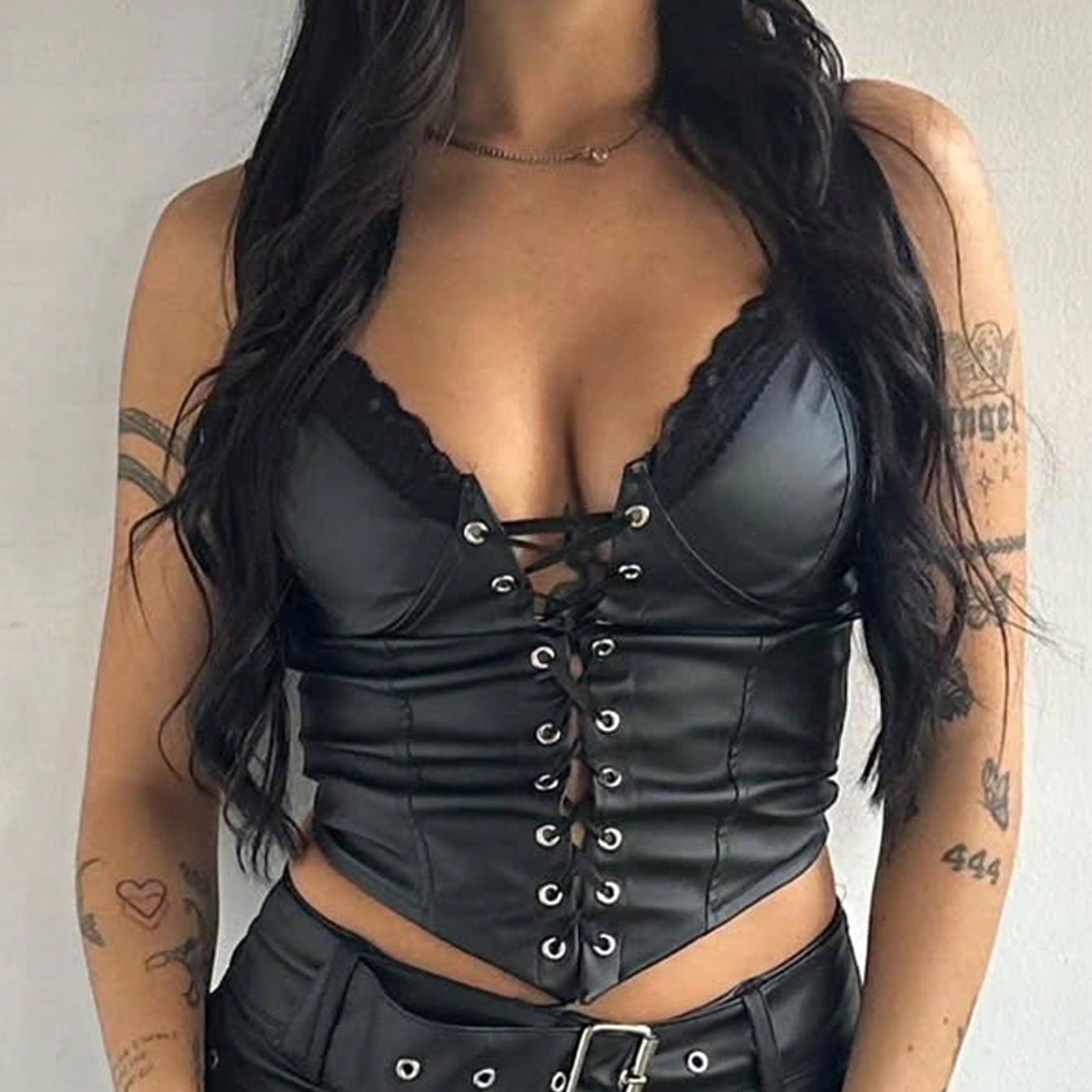Women's Black Faux Leather Lace-Up Crop Top - Edgy Glam Corset Style Top, Party & Streetwear