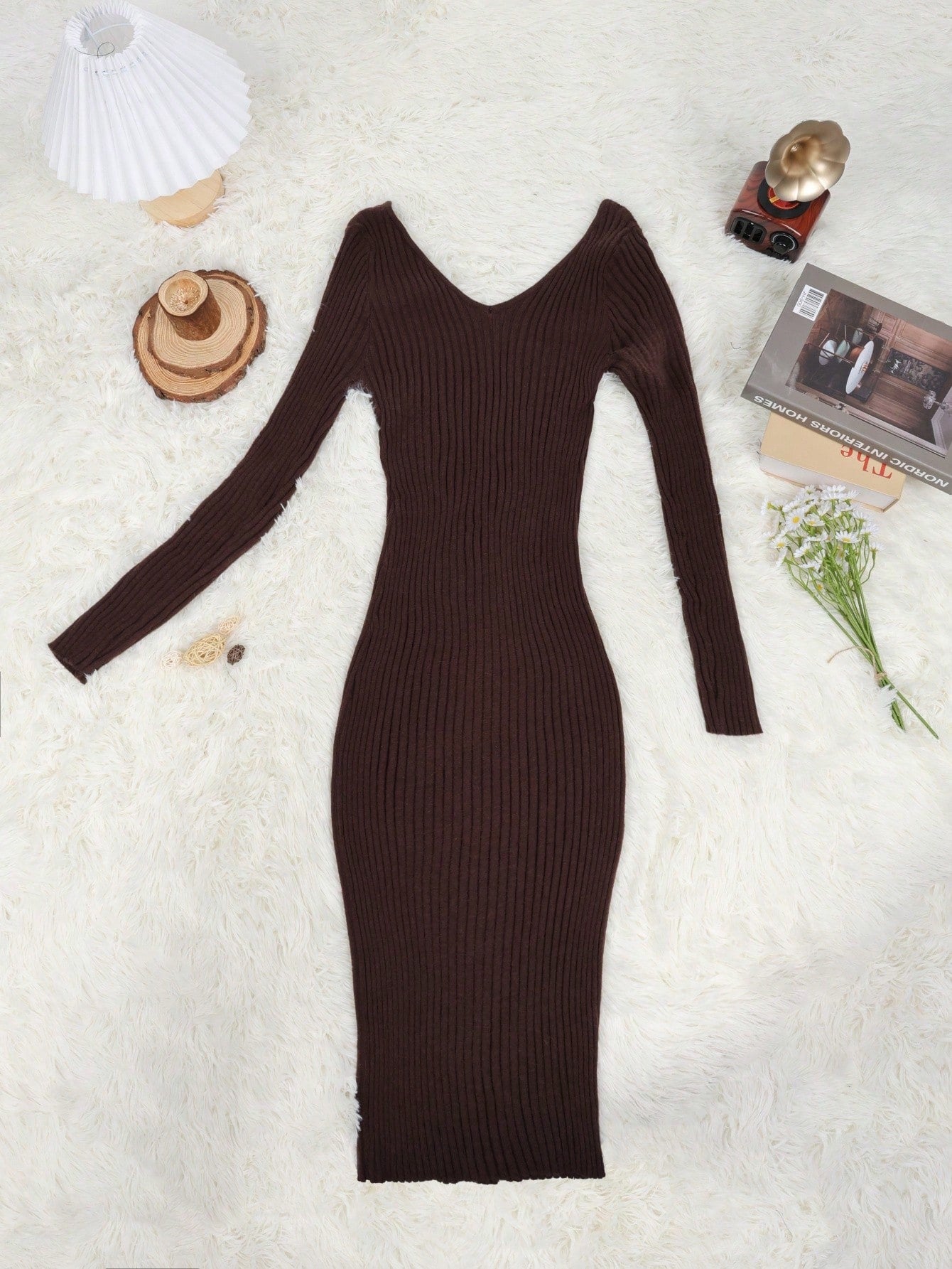 Women's Brown Ribbed Knit Midi bodycon dress with sleeveless