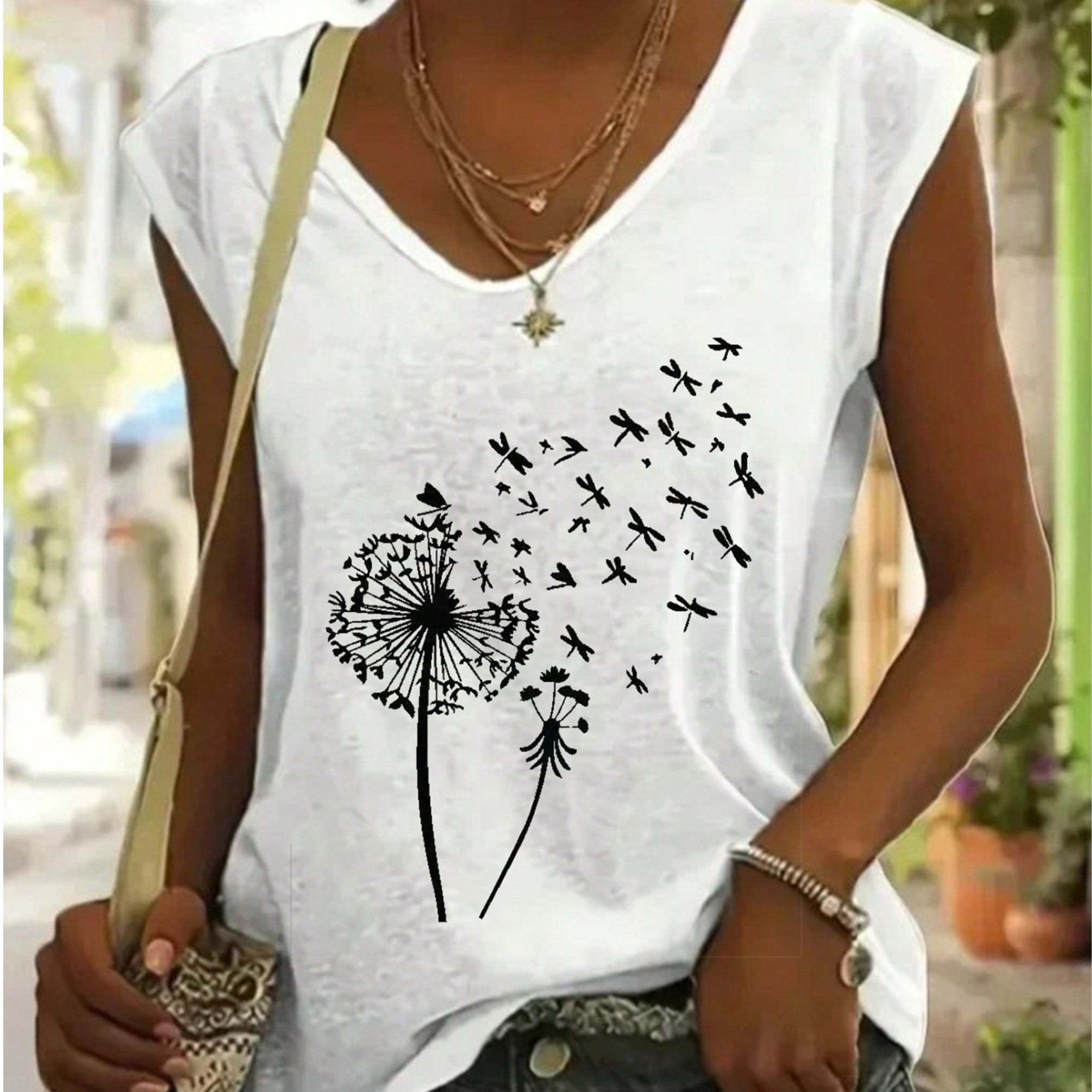 Women's White Dandelion Graphic Tank Top - Sleeveless Casual V-Neck Tee