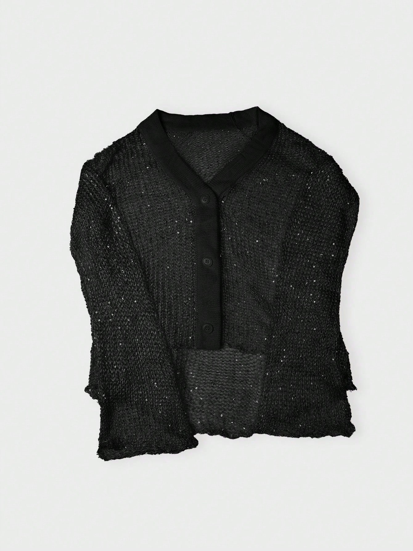 Women's Sexy Black V-Neck Knit Cardigan with Sequin Accents