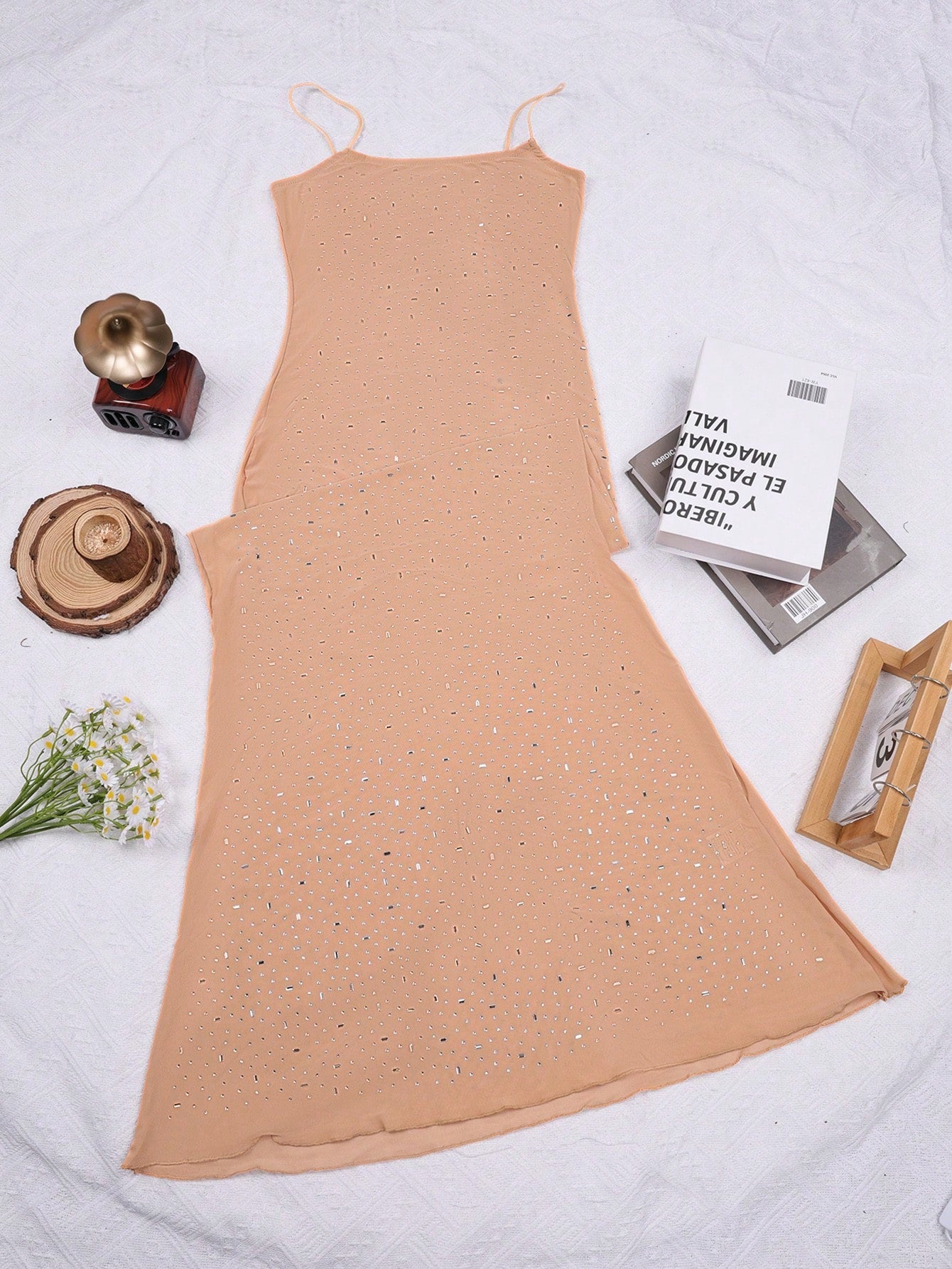 Women's Apricot Sheer Mesh Rhinestone Bodycon Maxi Dress with Spaghetti Straps