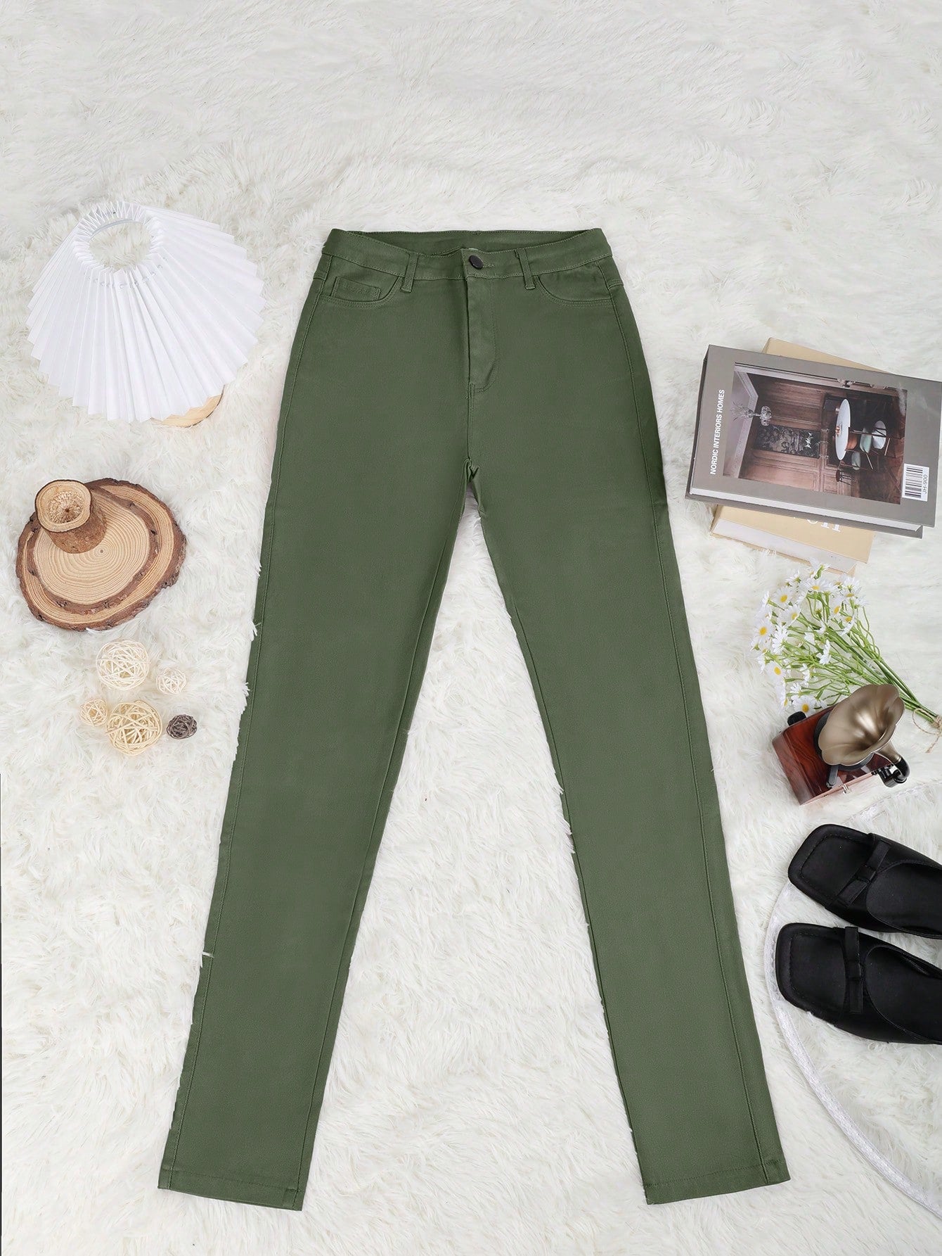 Women's Olive Green High-Waisted Skinny Faux Leather Pants