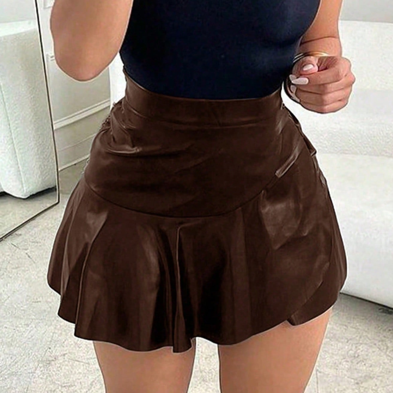 Women's High Waist Coffee Brown PU Leather Mini Skirt with Ruffles
