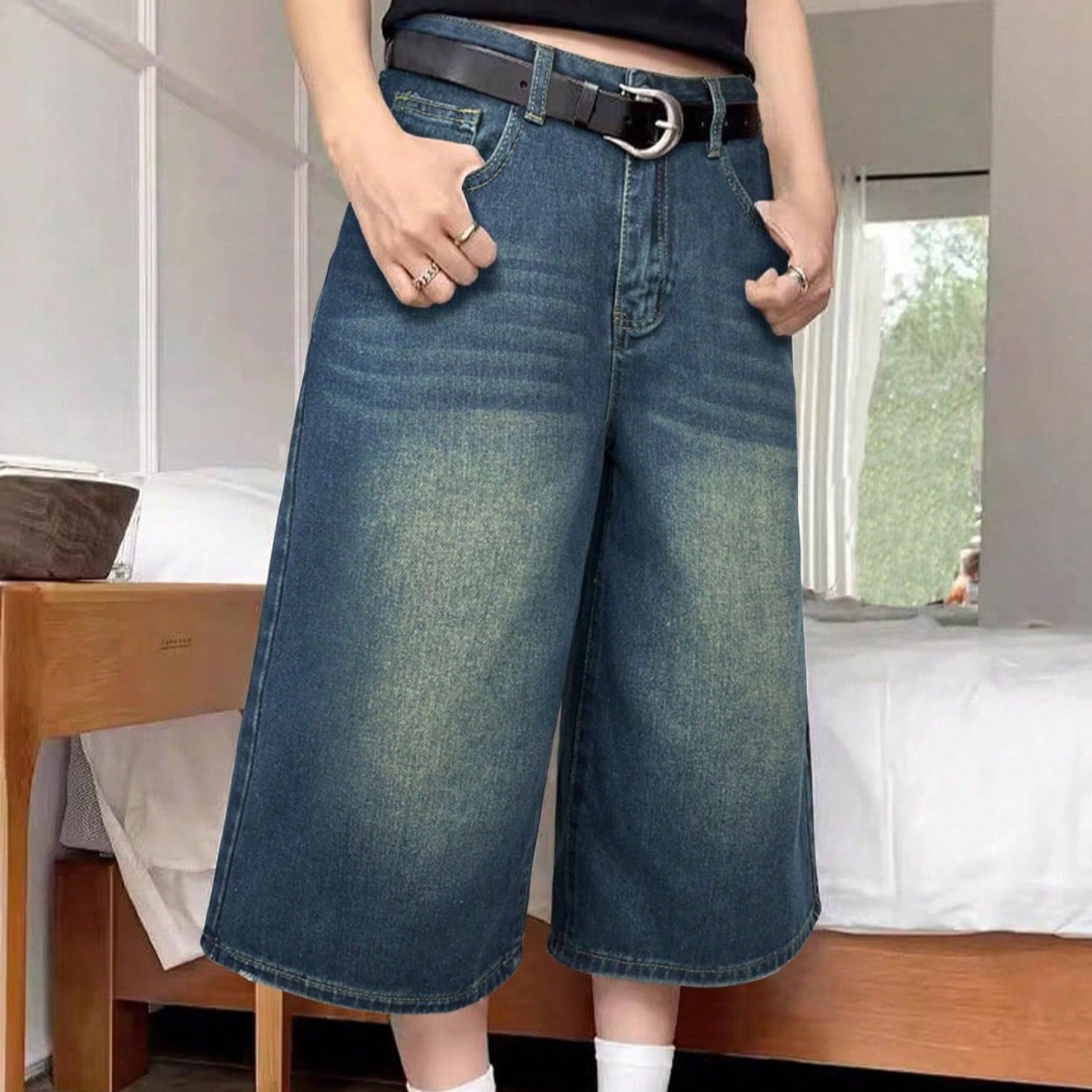 Blue Denim Wide-Leg Culottes - High-Waisted Cropped Baggy Jeans with Belted Waist