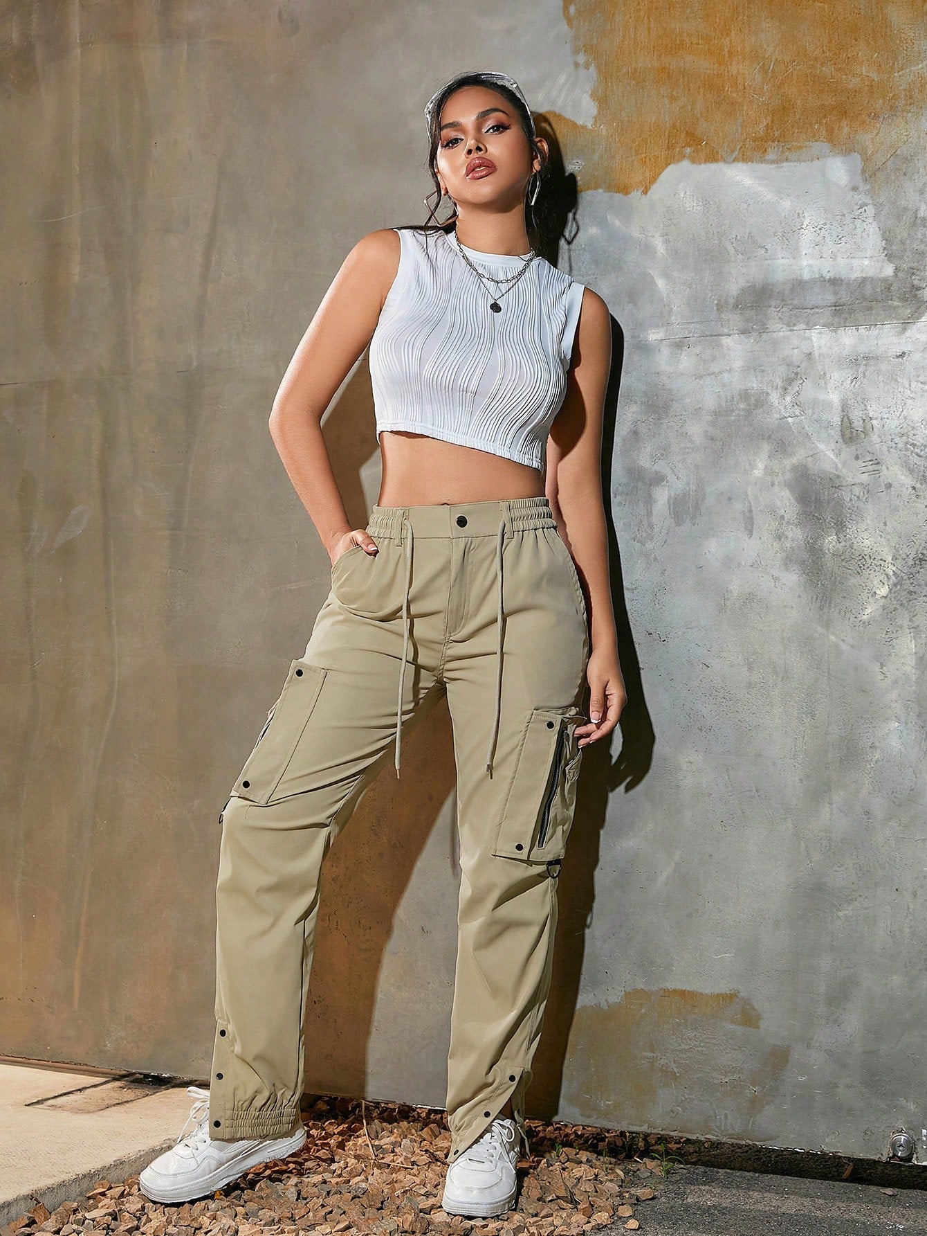 Women's Khaki High Waist Cargo Pants Multi-Pocket Zip Detail Joggers Wholesale
