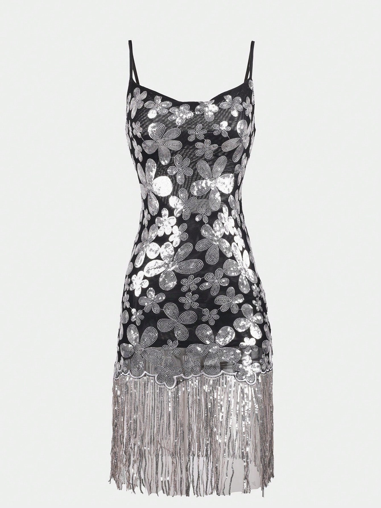 Women's Chic Black Floral Sequin Mini Dress with Silver Fringe Hem