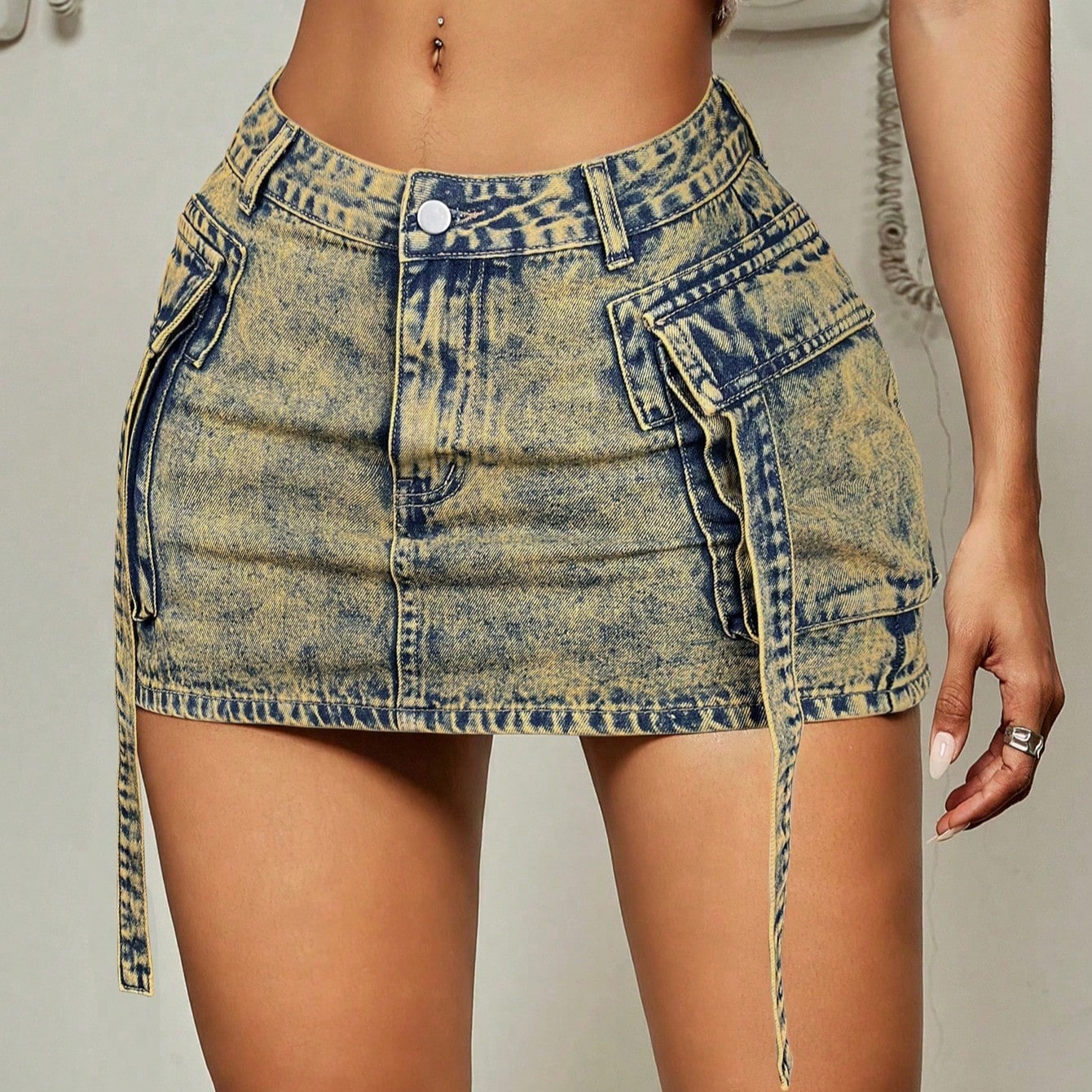 Women's Multi-Wash Denim Cargo Mini Skirt - High-Waisted Wrap Skirt with Side Tie Straps, Y2K Streetwear & Casual Summer Wear