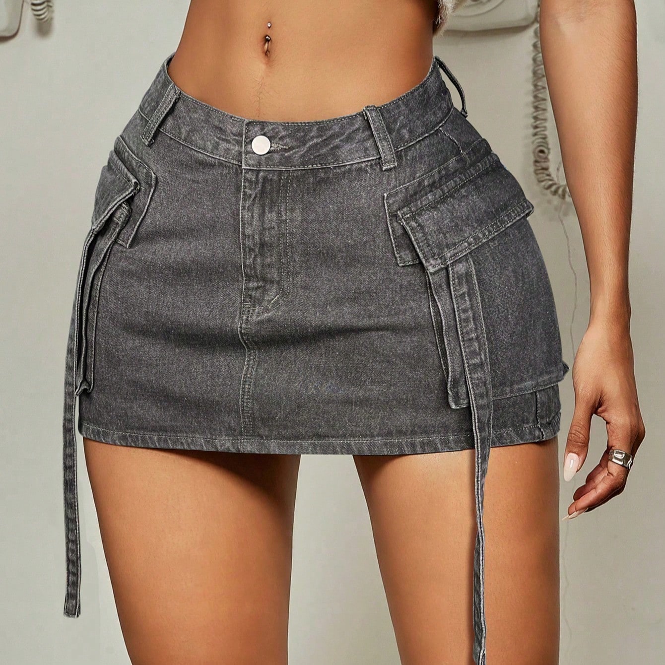 Women's Apperloth Grey Denim Mini Skirt Sexy Cargo Style Short Skirt with Straps