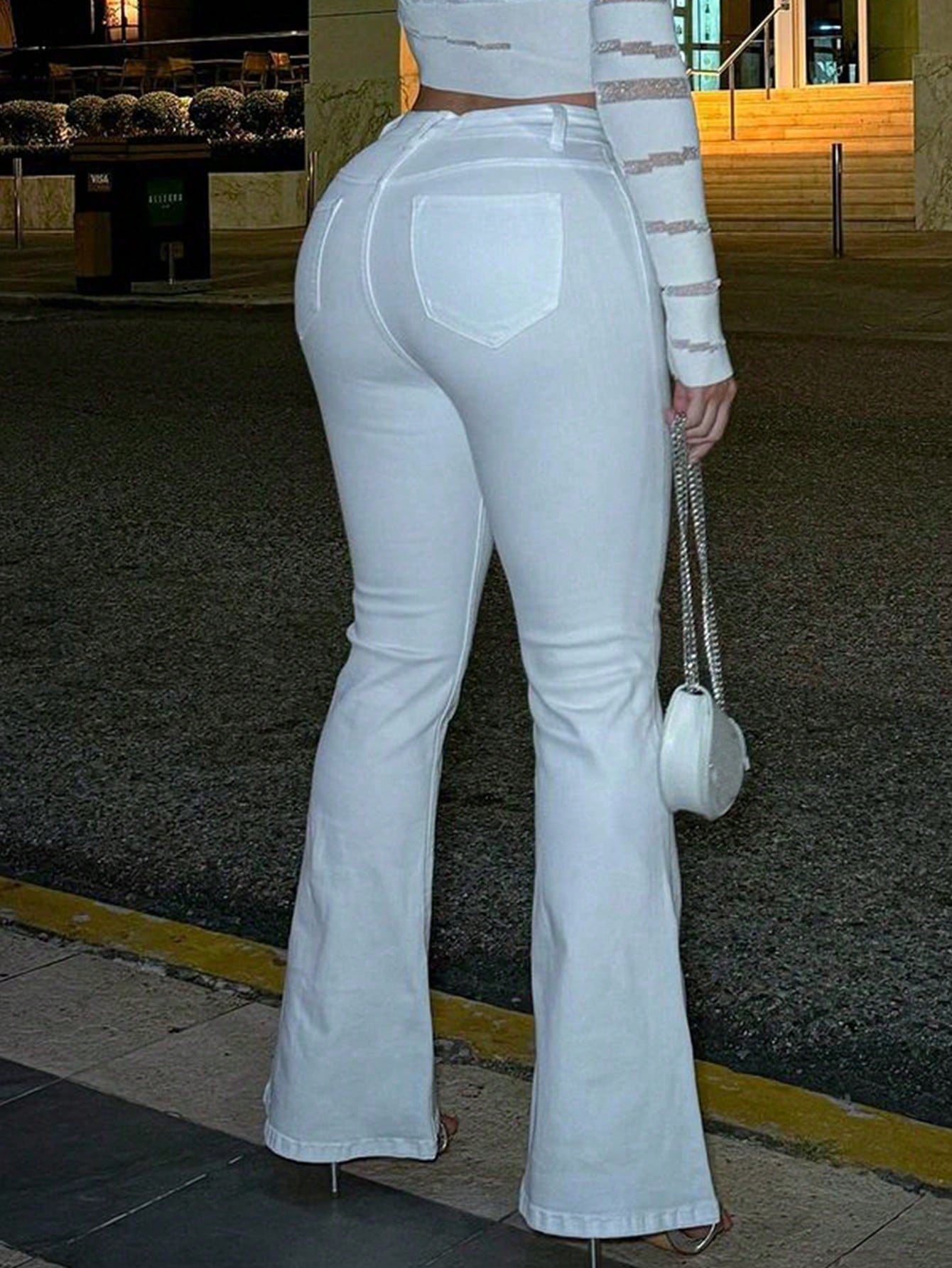 Women's White High-Waisted Flared Faux Leather Bell Bottom Pants