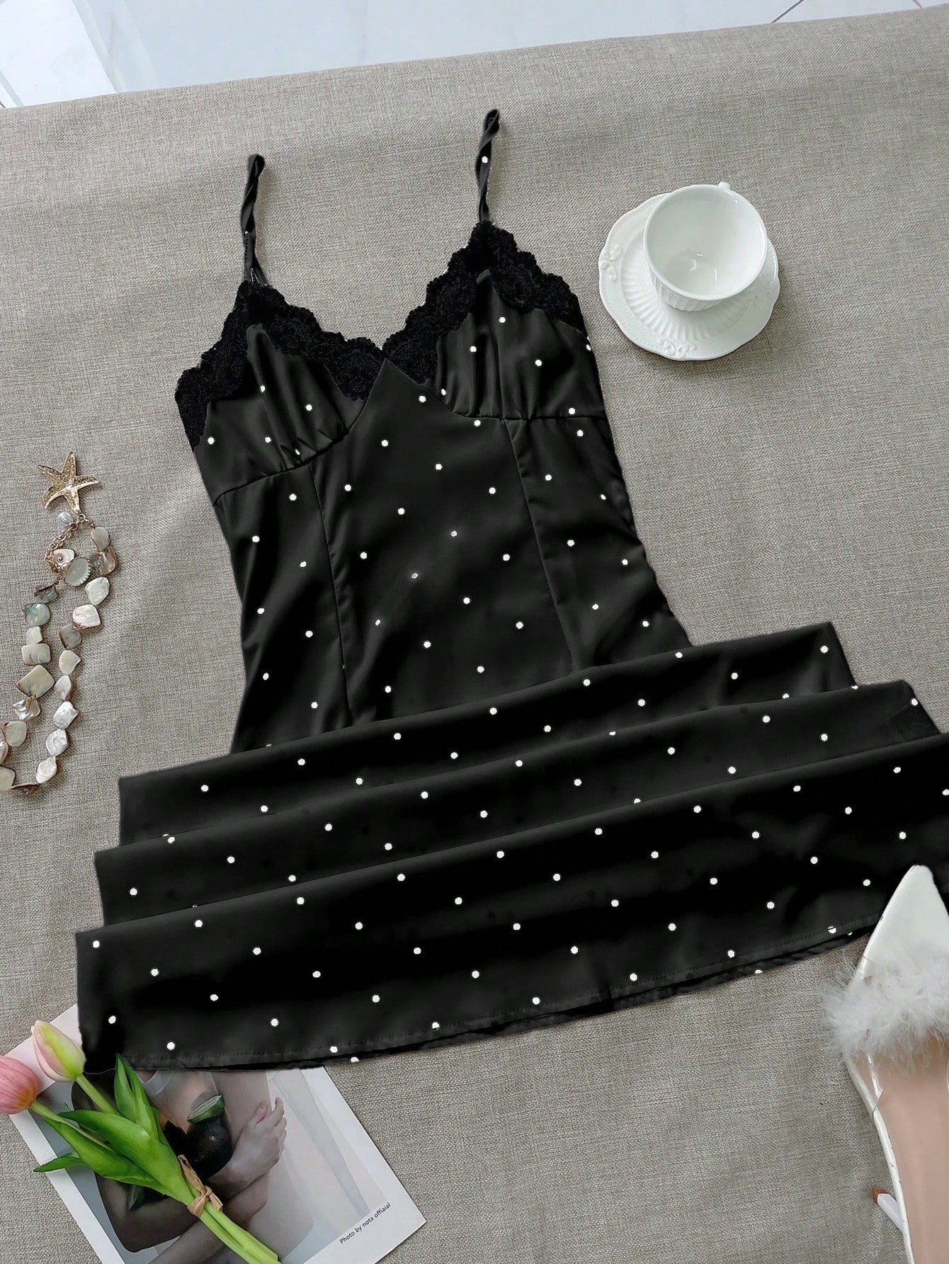 Women's Black Polka Dot Slip Maxi Dress with Lace Neckline