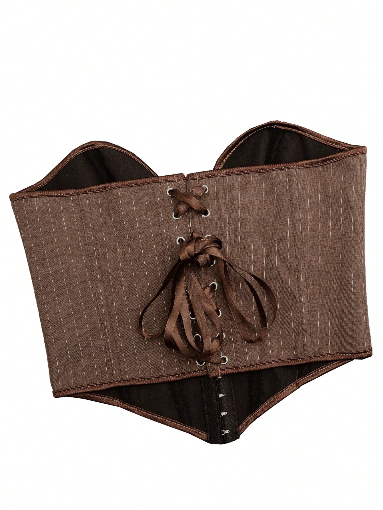 Women's Brown Pinstripe Boned Corset Top with Hook and Eye Closure